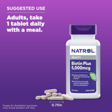 Natrol, Biotin Plus, Extra Strength, 5,000 mcg, 60 Tablets