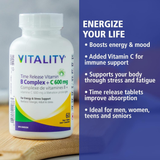 VITALITY, Time Release B Complex 60 + Vitamin C, 600 mg, 60 Tablets