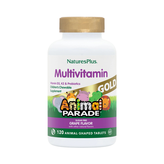 NaturesPlus, Animal Parade Gold, Children's Multivitamin Chewable Supplement, Grape, 120 Animal-Shaped Tablets