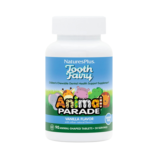 NaturesPlus, Source of Life, Animal Parade, Children's Chewable Tooth Fairy Probiotic, Vitamin D3 & Calcium, Vanilla, 90 Animal-Shaped Tablets