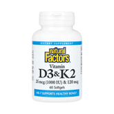 Natural Factors, Vitamin D3 & K2, 25 mcg (1,000 IU) & 120 mcg, 60 Softgels