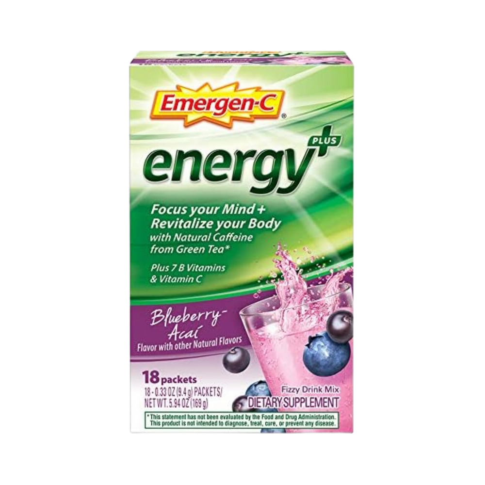 Emergen-C Energy+, With B Vitamins, Vitamin C And Natural Caffeine From Green Tea (Blueberry Acai Flavor) ,Pack of 18