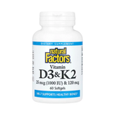 Natural Factors, Vitamin D3 & K2, 25 mcg (1,000 IU) & 120 mcg, 60 Softgels