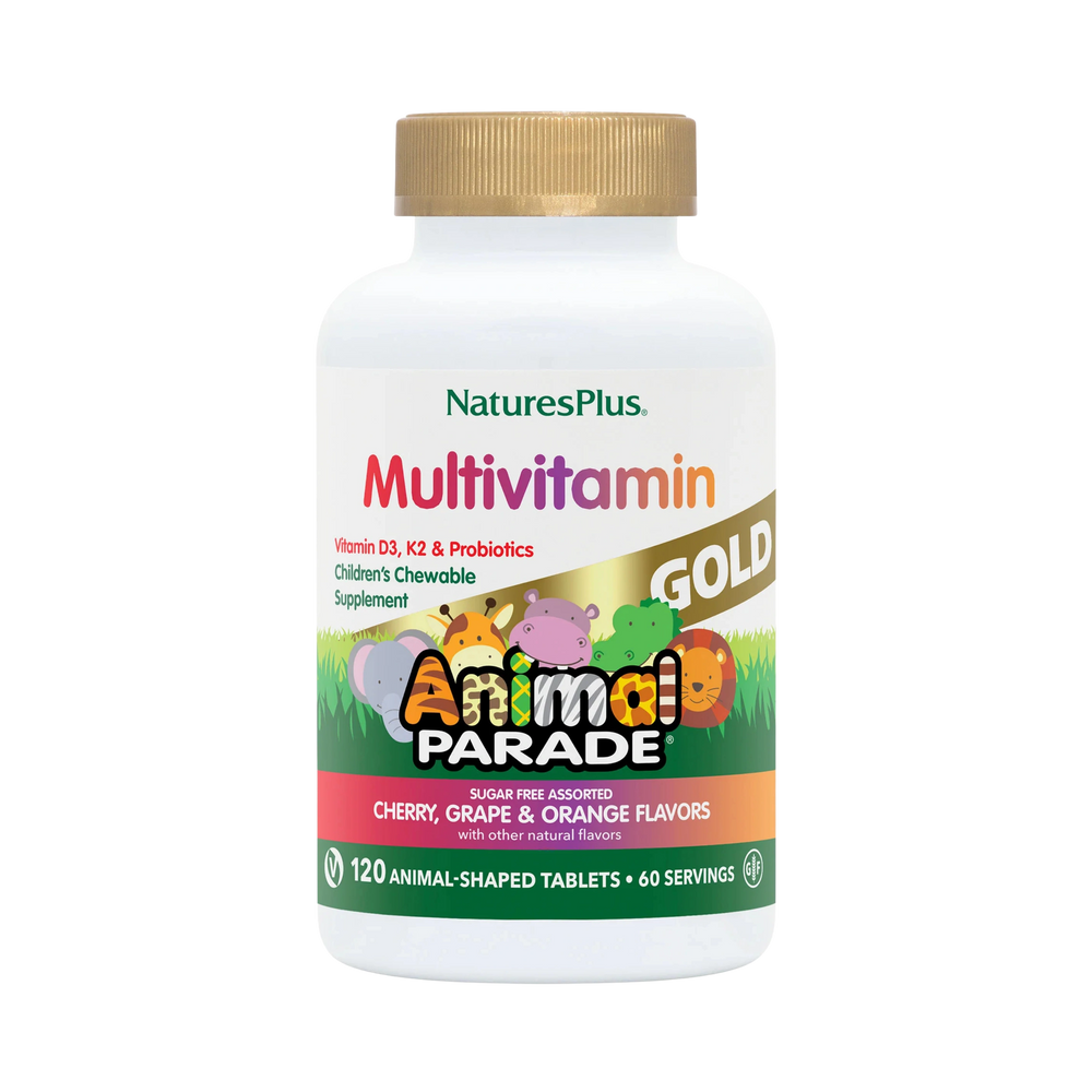 NaturesPlus, Animal Parade Gold, Children's Chewable Multivitamin Supplement, Cherry, Grape & Orange, 120 Animal-Shaped Tablets