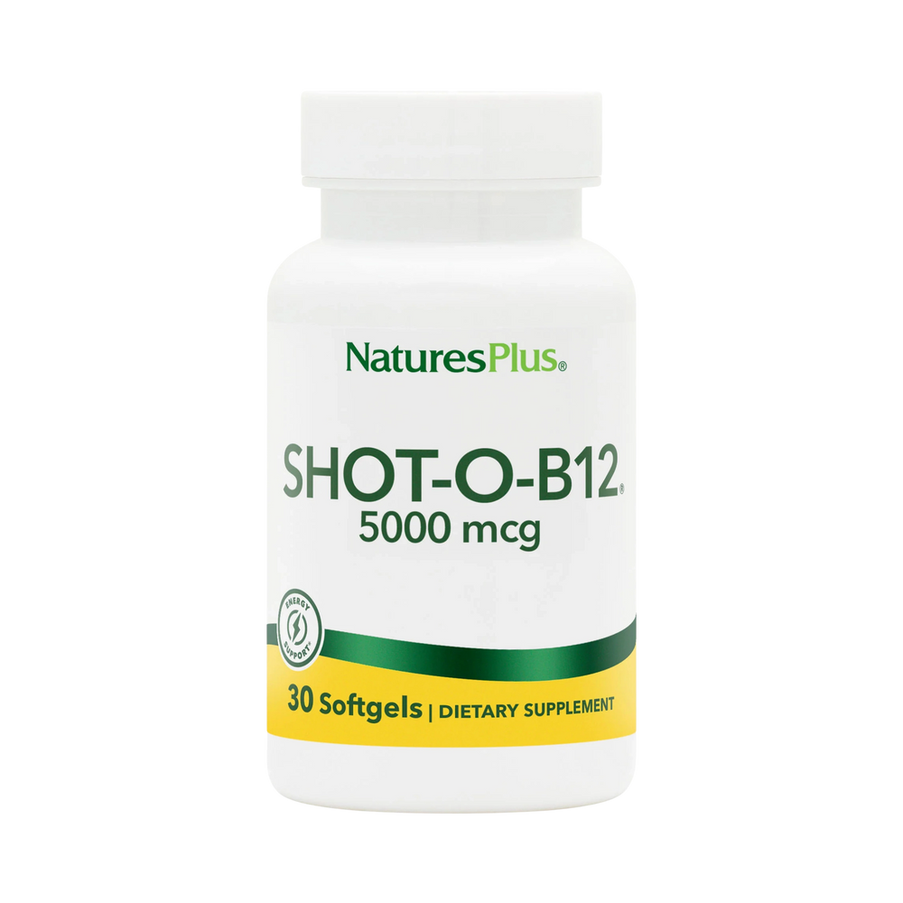 NaturesPlus, Shot-O-B12 (Cyanocobalamin), 5000 Mcg, 30 Softgels
