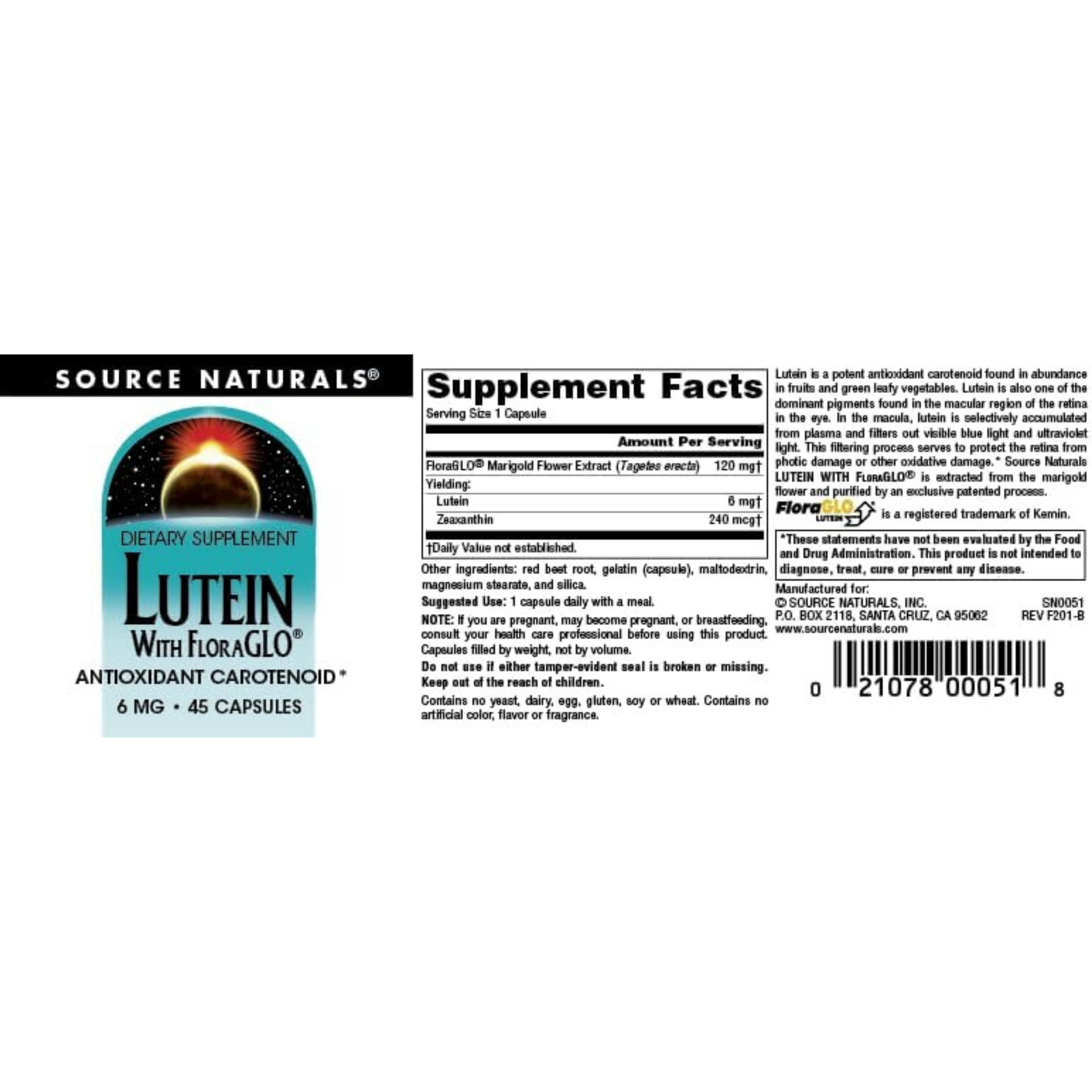 Source Naturals Lutein with FloraGLO, Antioxidant Carotenoid, 6 Mg, 45 Capsules