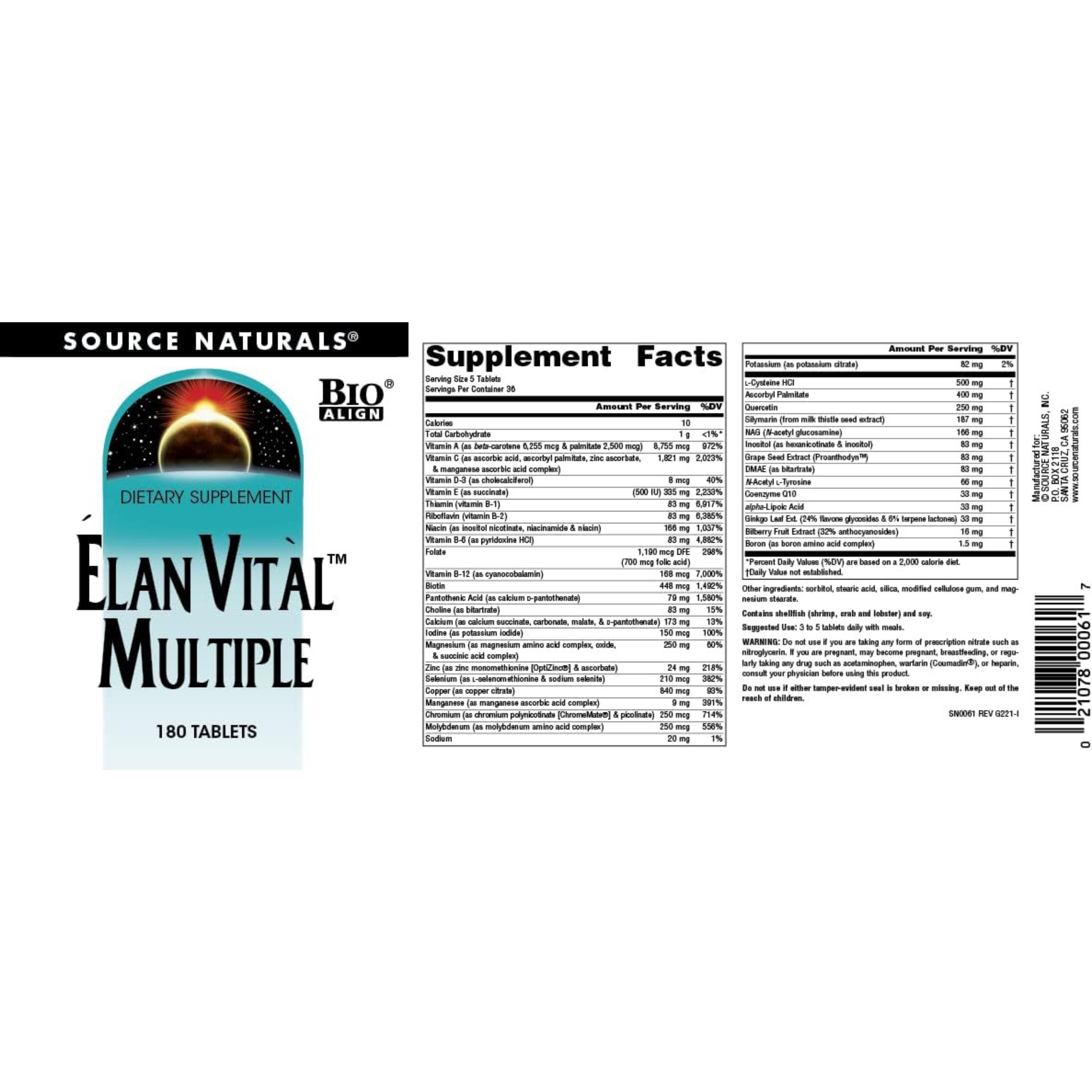 Source Naturals, Elan Vital, Multiple, 180 Tablets