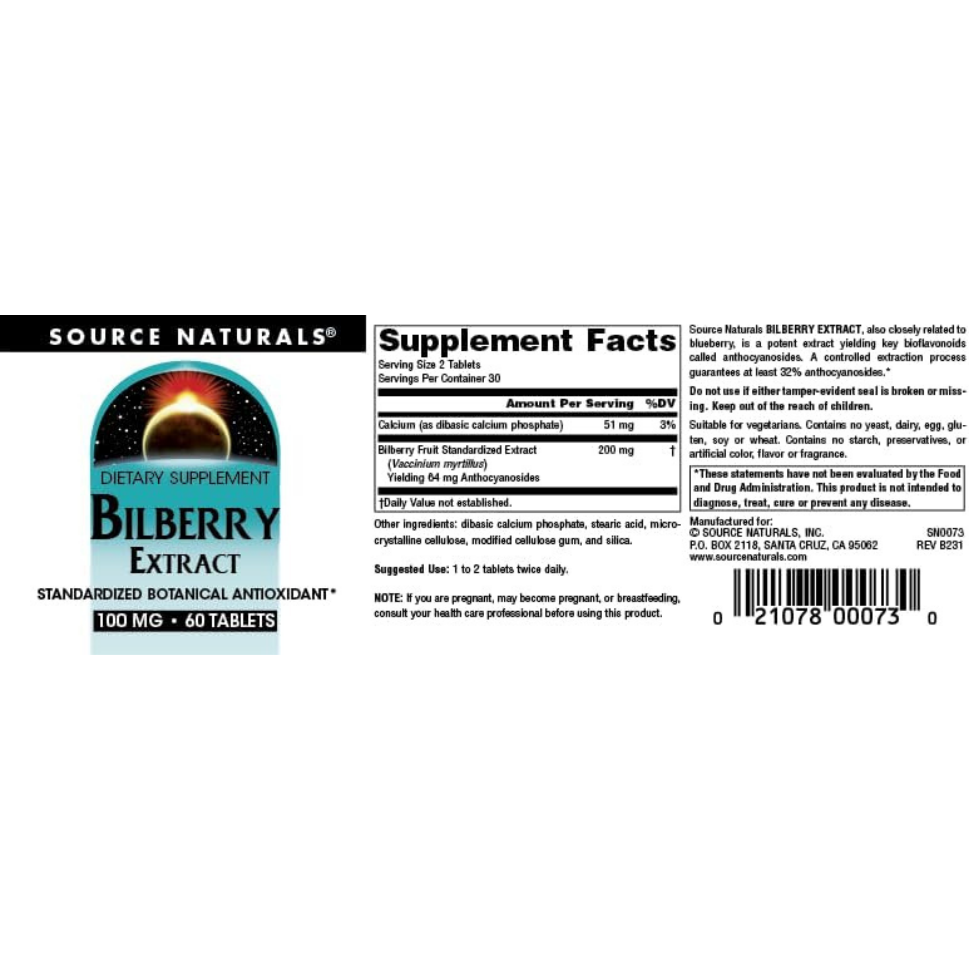 Source Naturals, Bilberry Extract, 100 Mg, 60 Tablets