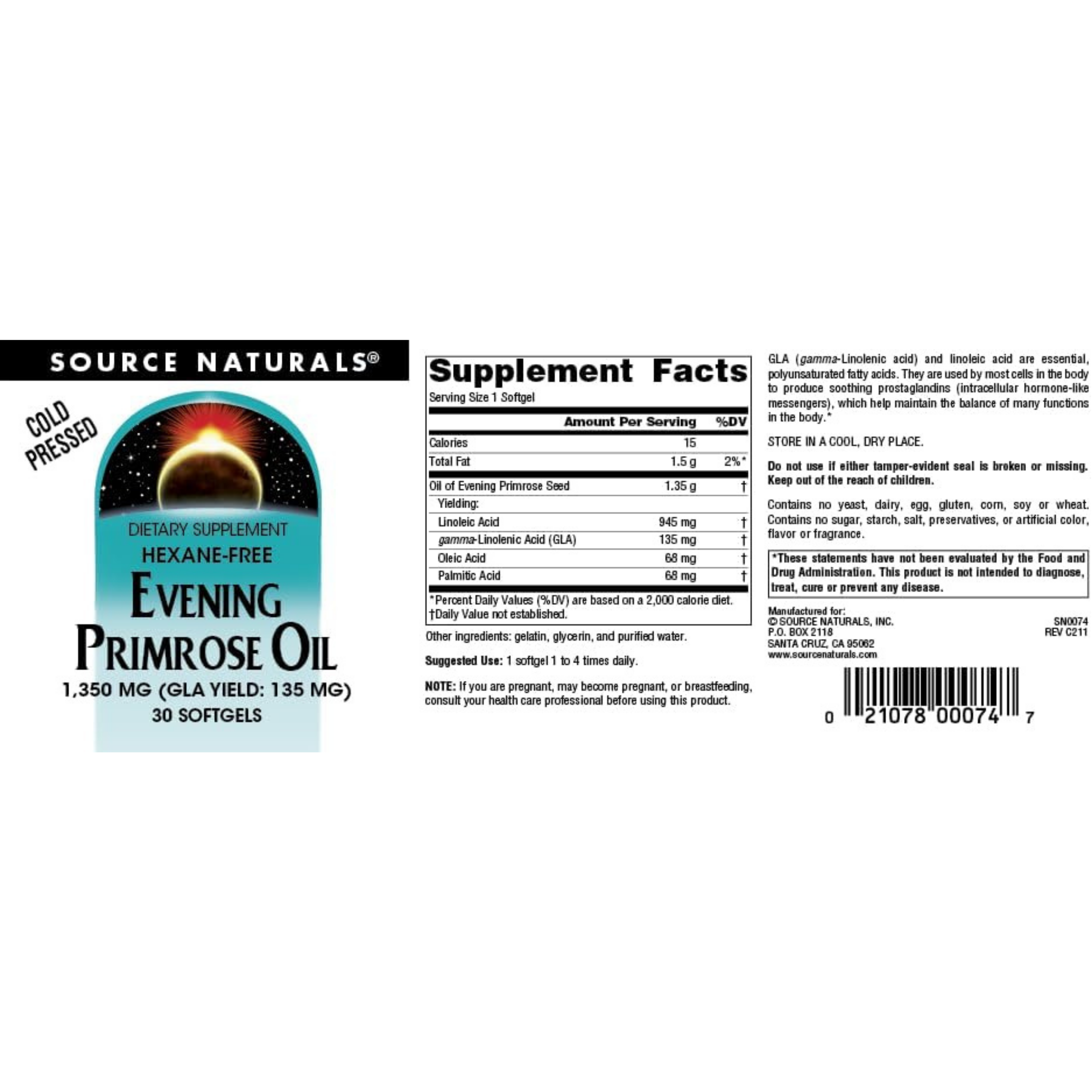 Source Naturals, Evening Primrose Oil, Hexane-Free, 1350 Mg, 30 Softgels