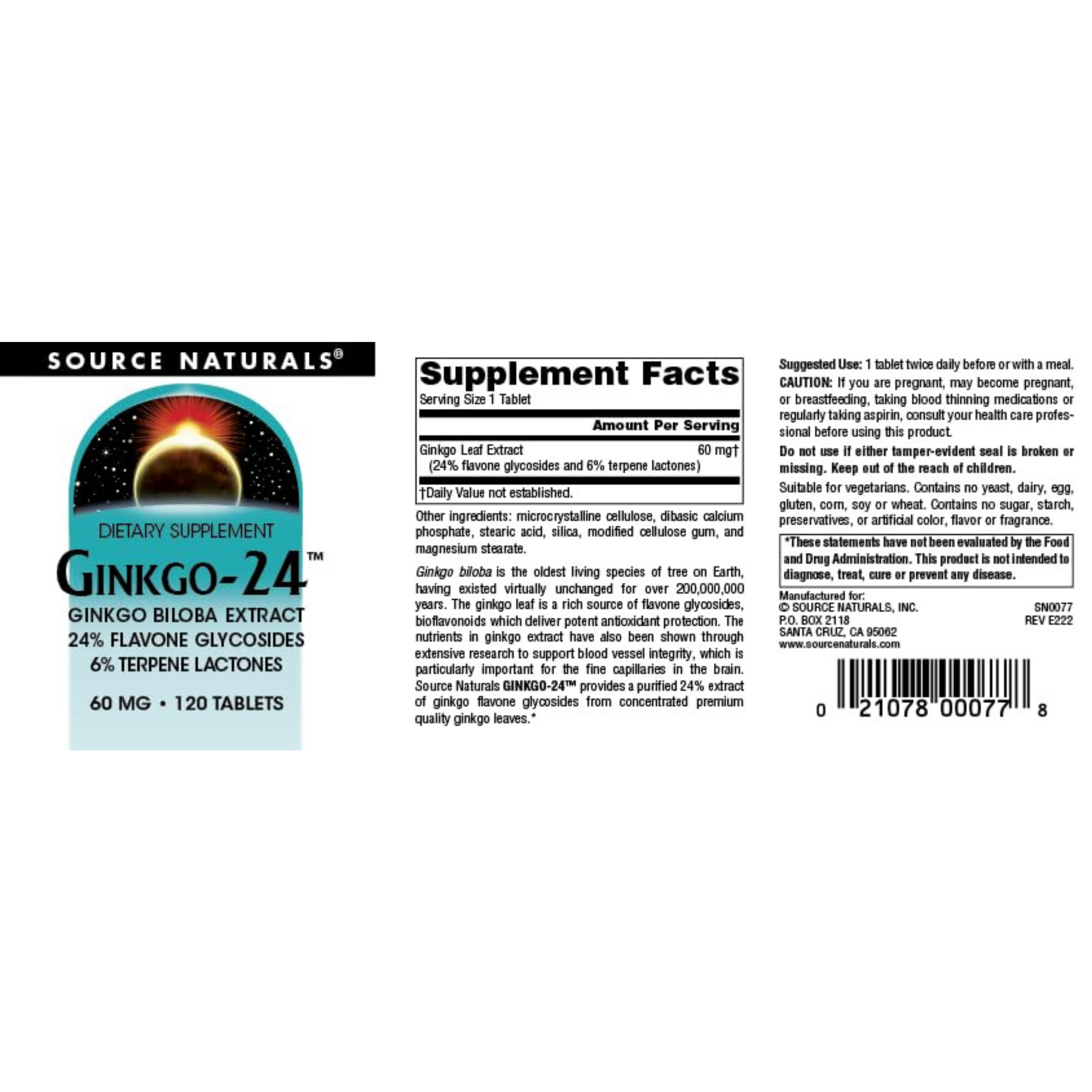 Source Naturals, Ginkgo-24, 60 Mg, 120 Tablets