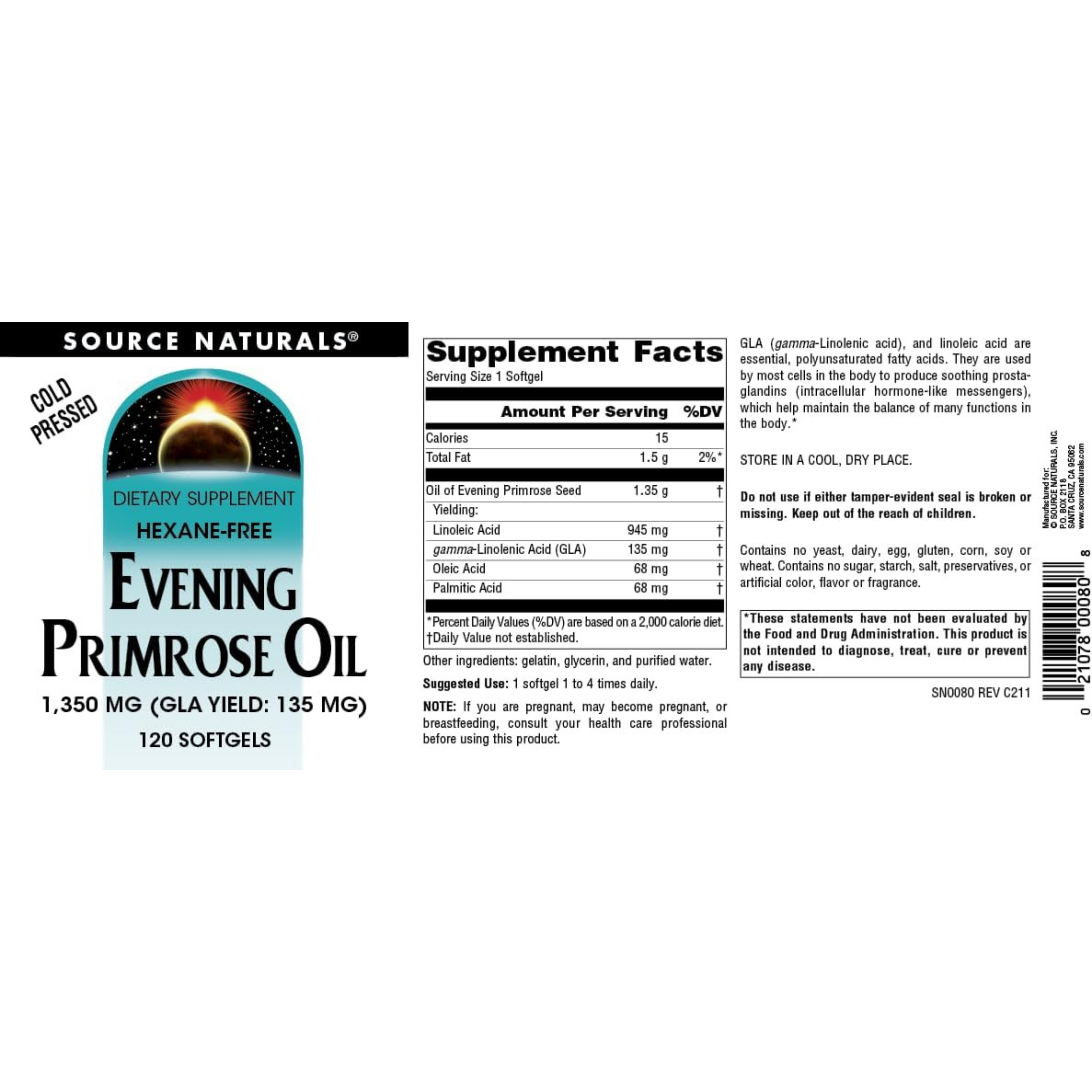Source Naturals, Evening Primrose Oil, Hexane-Free, 1350 Mg, 120 Softgels