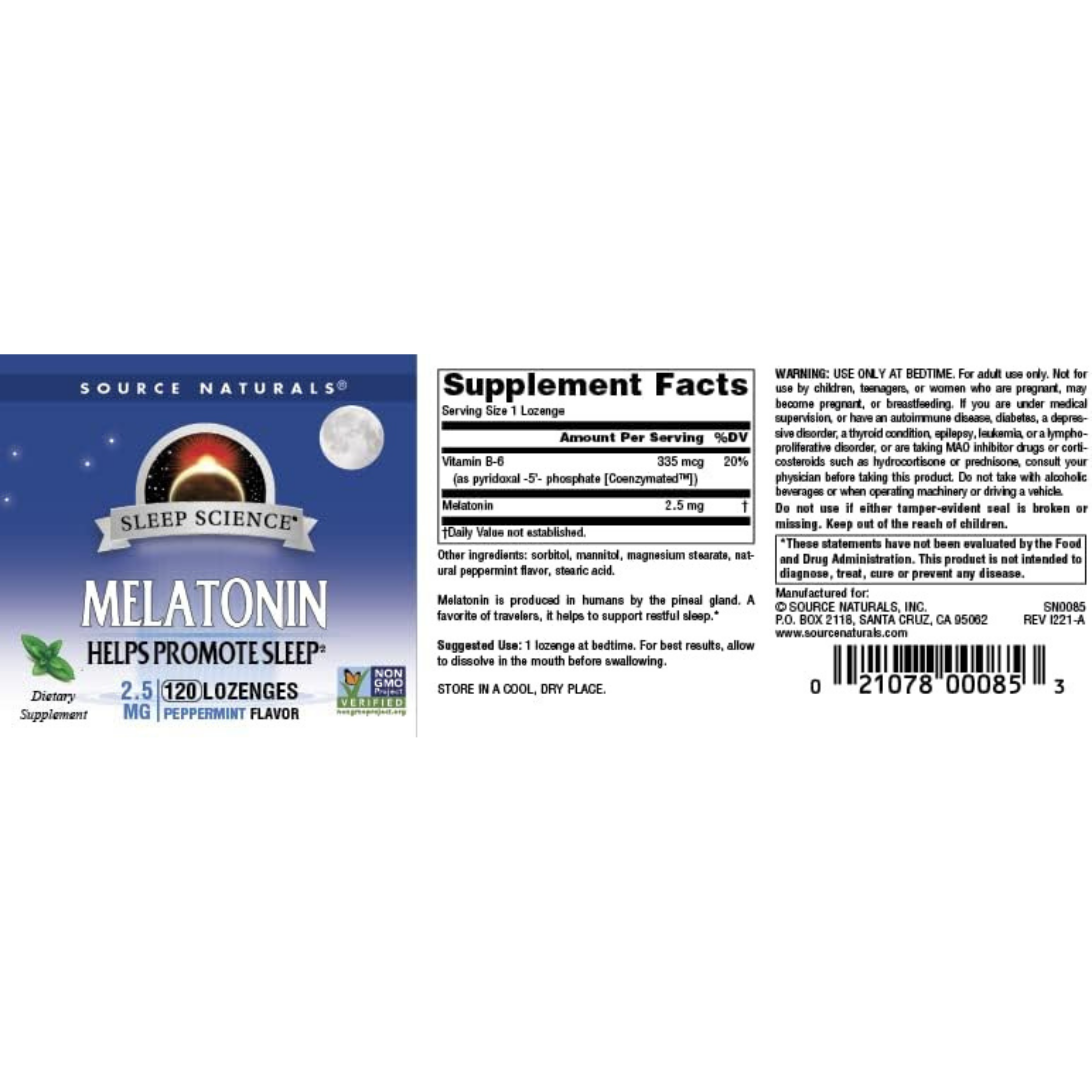 Source Naturals, Sleep Science, Melatonin, Peppermint, 2.5 Mg, 120 Lozenges