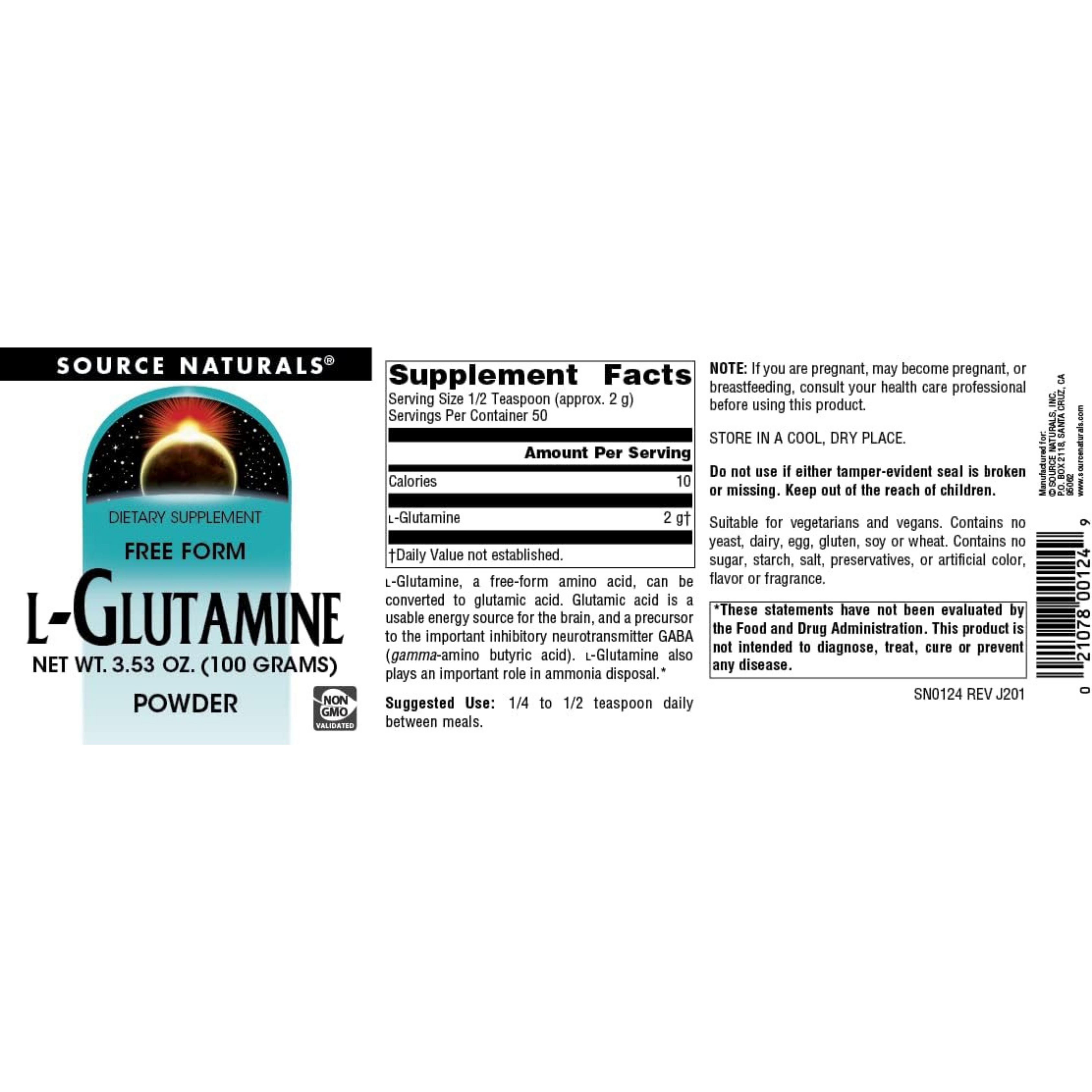Source Naturals L-Glutamine, Free Form Amino Acid, 100 Grams Powder