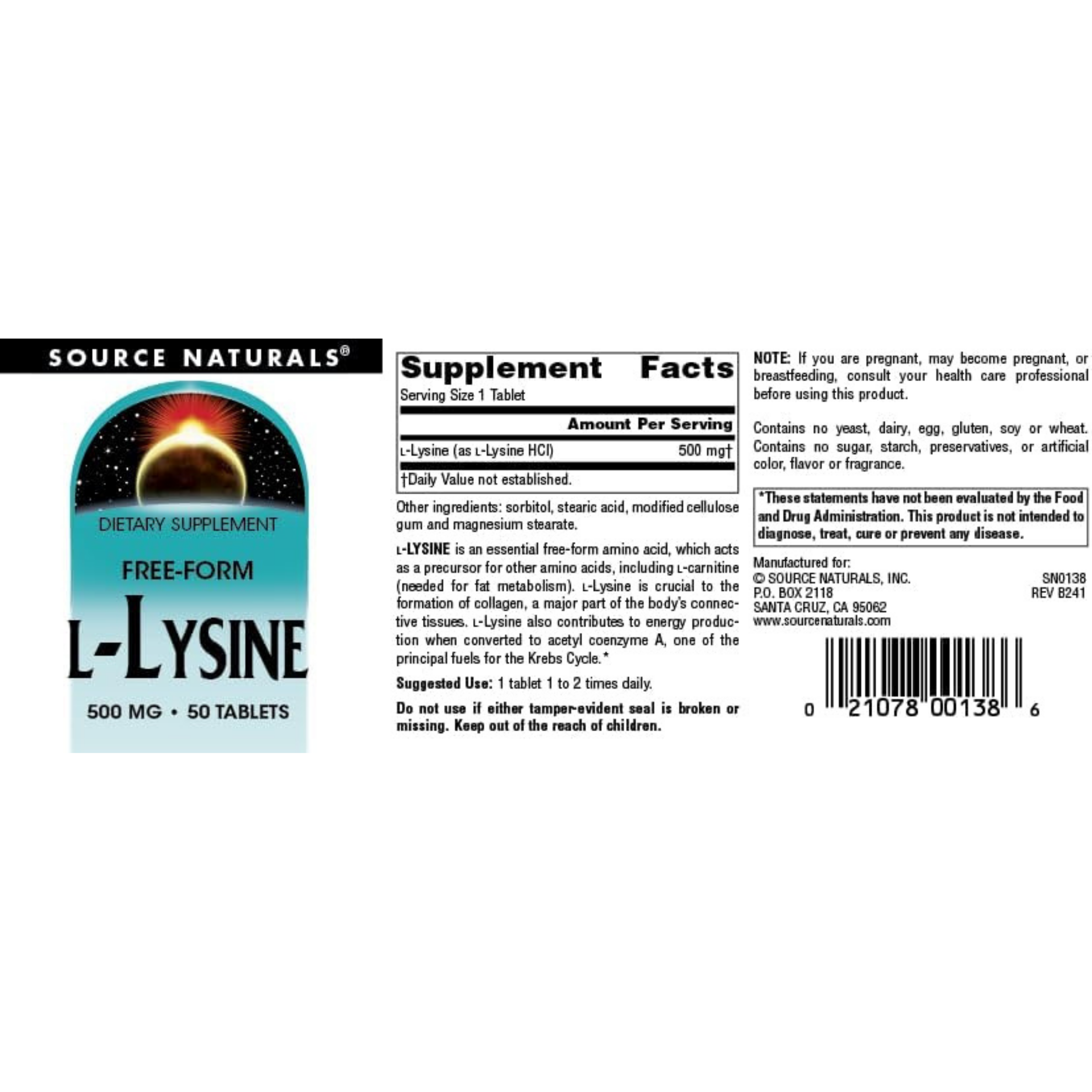 Source Naturals, L-Lysine, 500 Mg, 50 Tablets