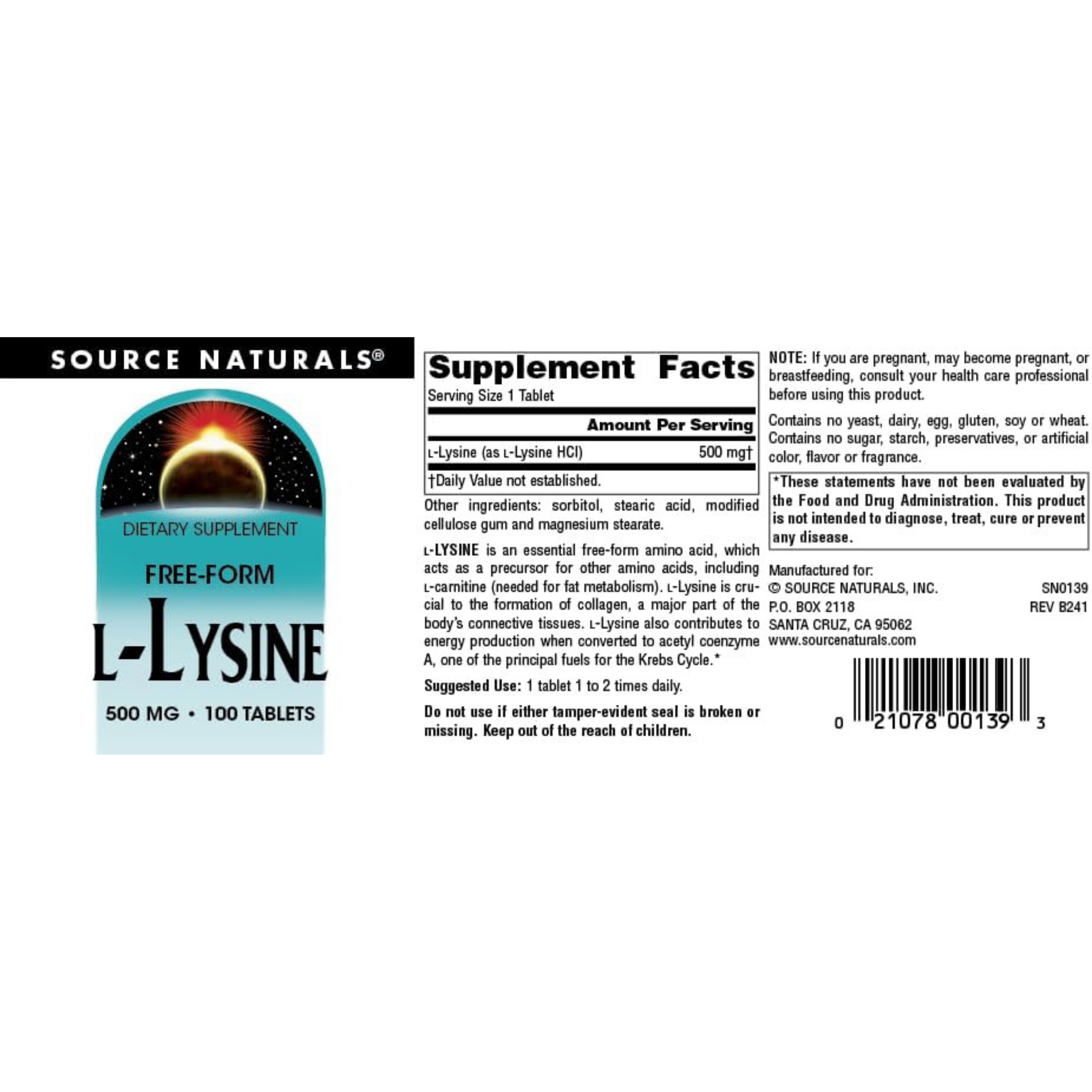 Source Naturals, L-Lysine, 500 Mg, 100 Tablets
