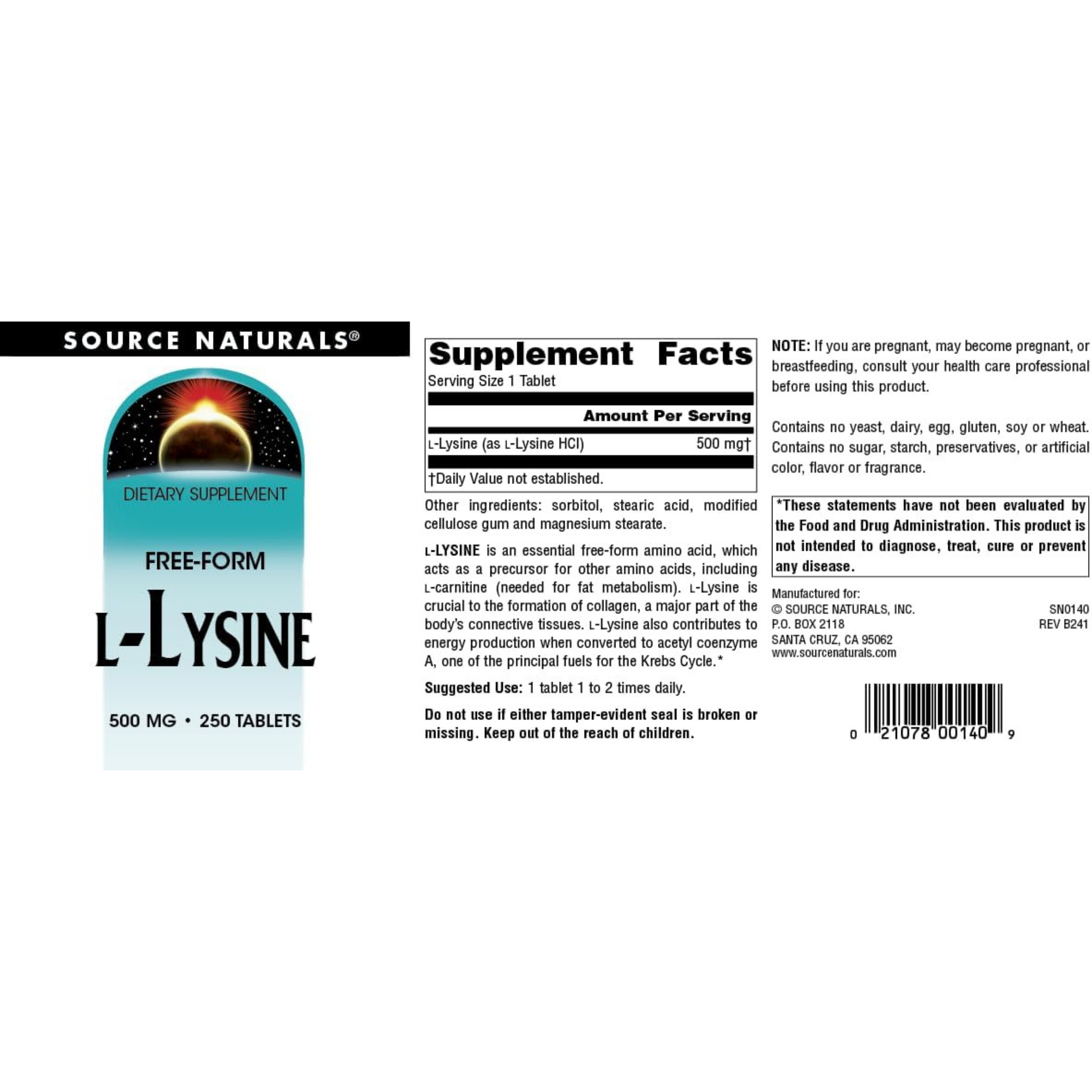 Source Naturals, L-Lysine, 500 Mg, 250 Tablets