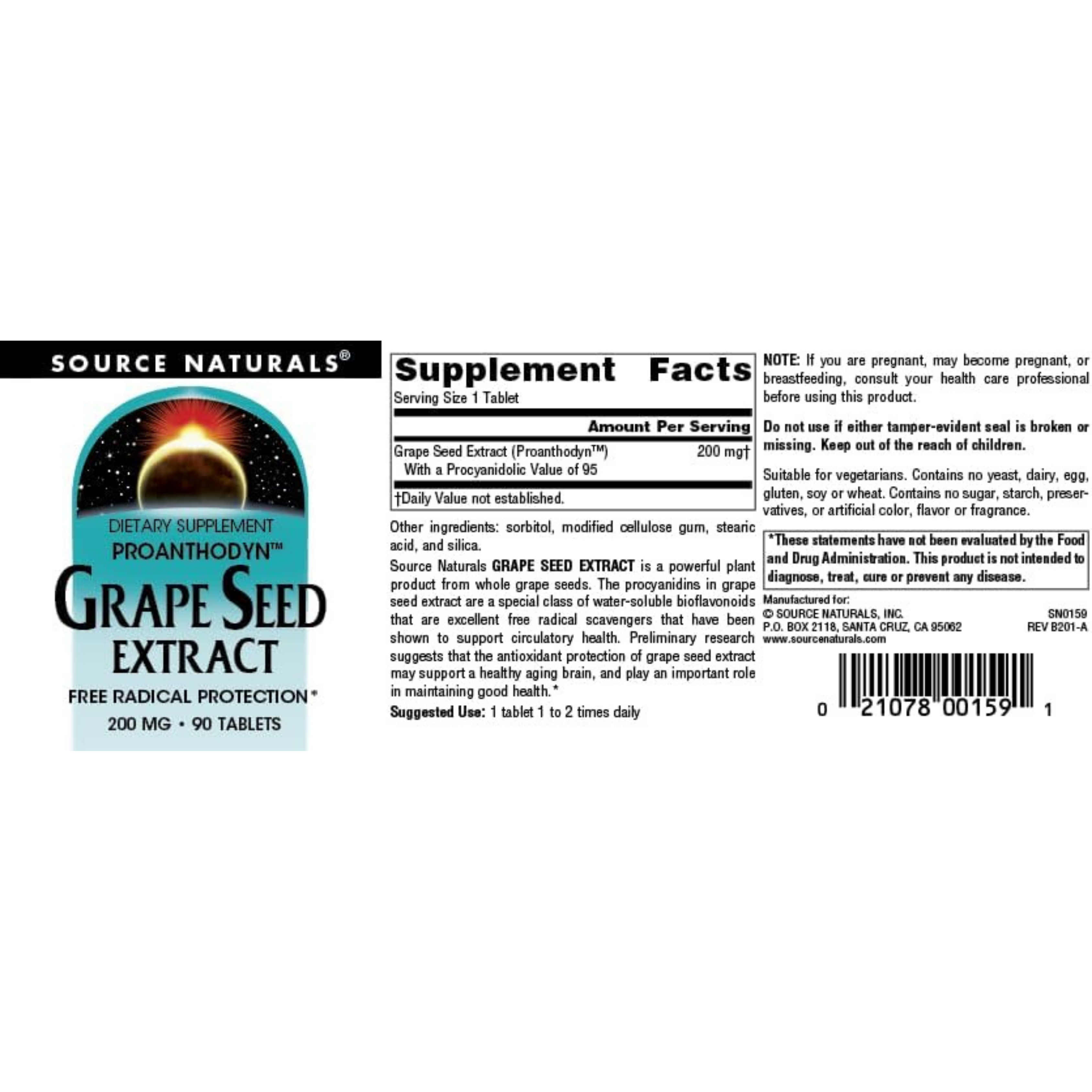Source Naturals, Grape Seed Extract, Proanthodyn, 200 Mg, 90 Tablets