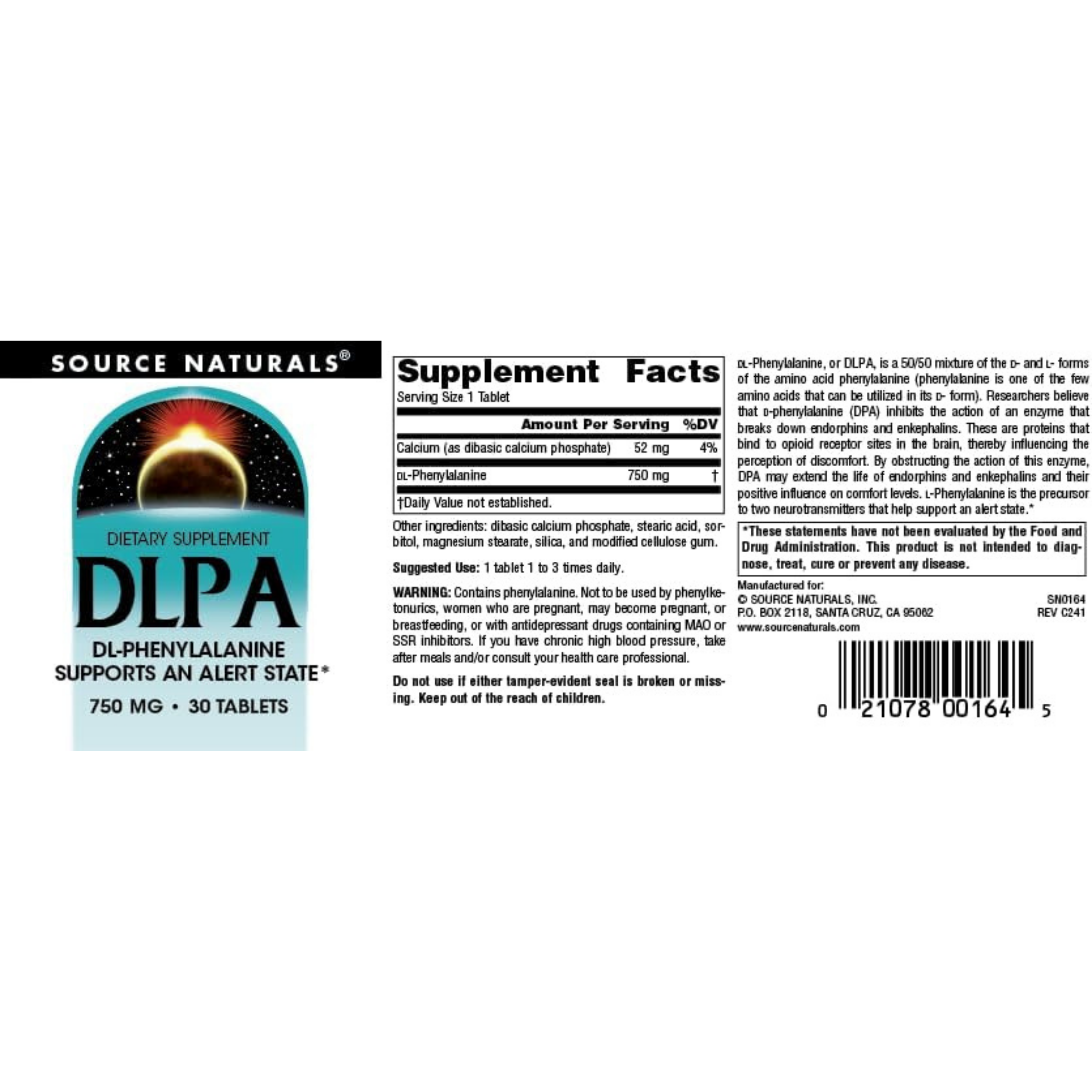 Source Naturals, DLPA, 750 Mg, 30 Tablets