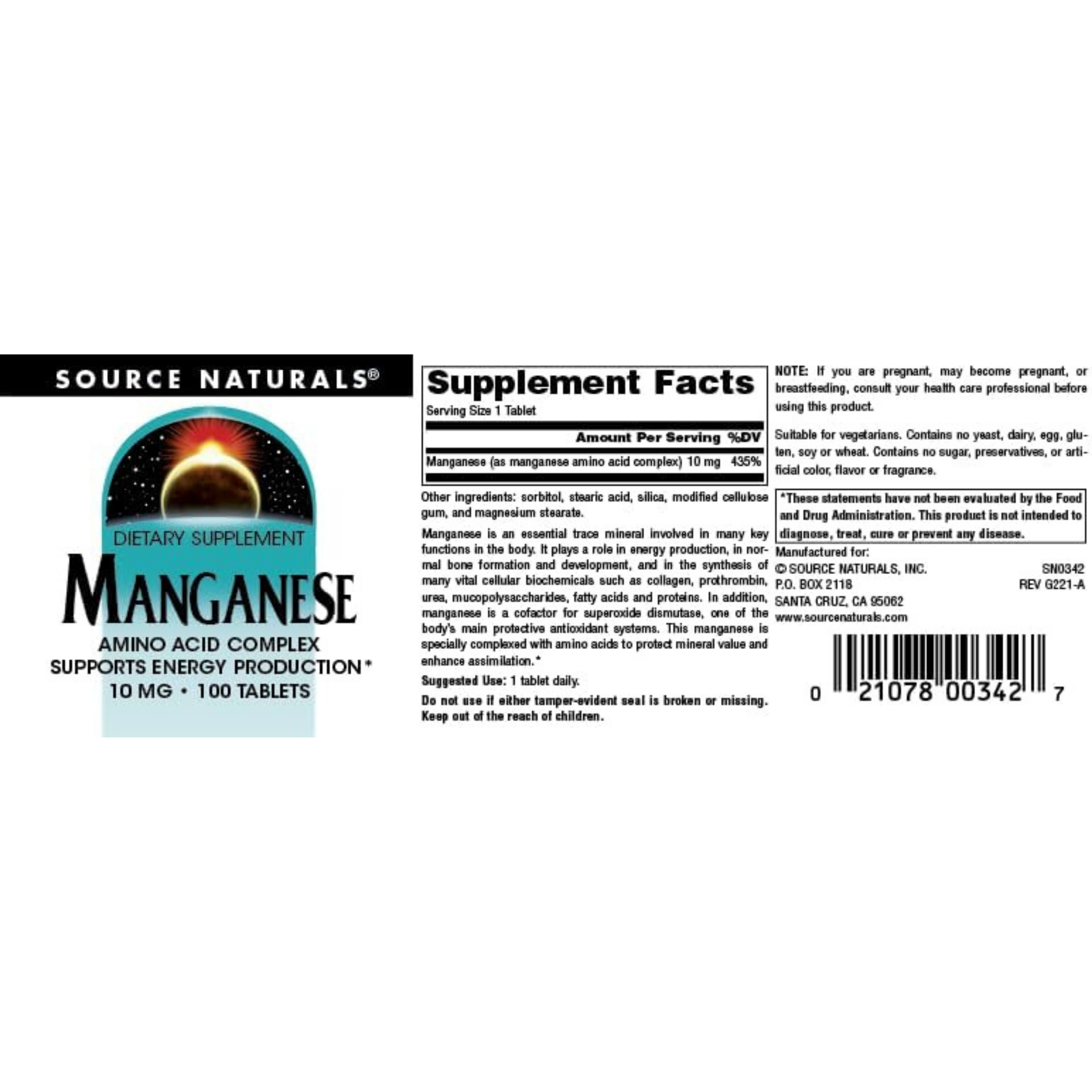 Source Naturals, Manganese, 10 Mg, 100 Tablets