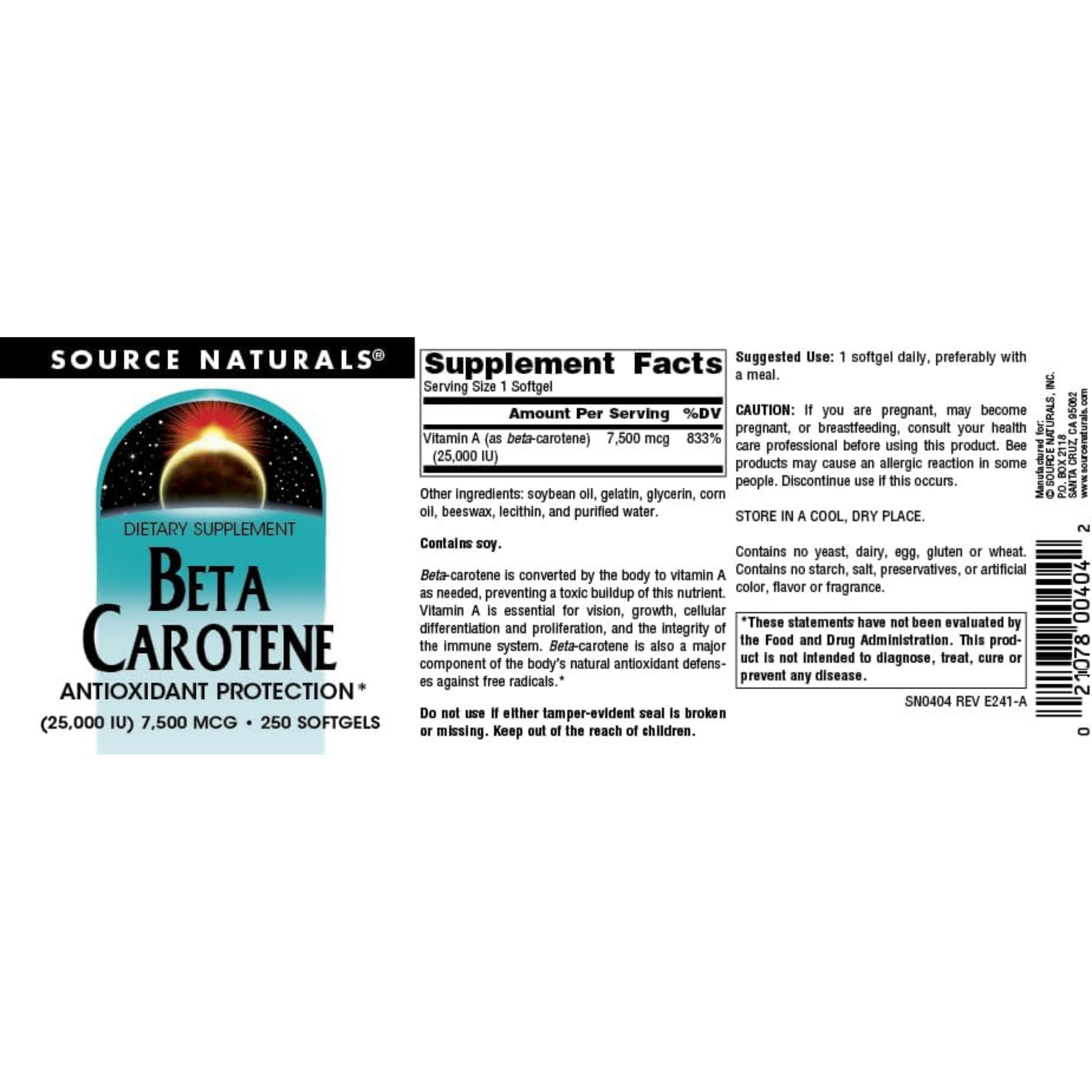 Source Naturals, Beta Carotene, 25000 IU, 250 Softgels