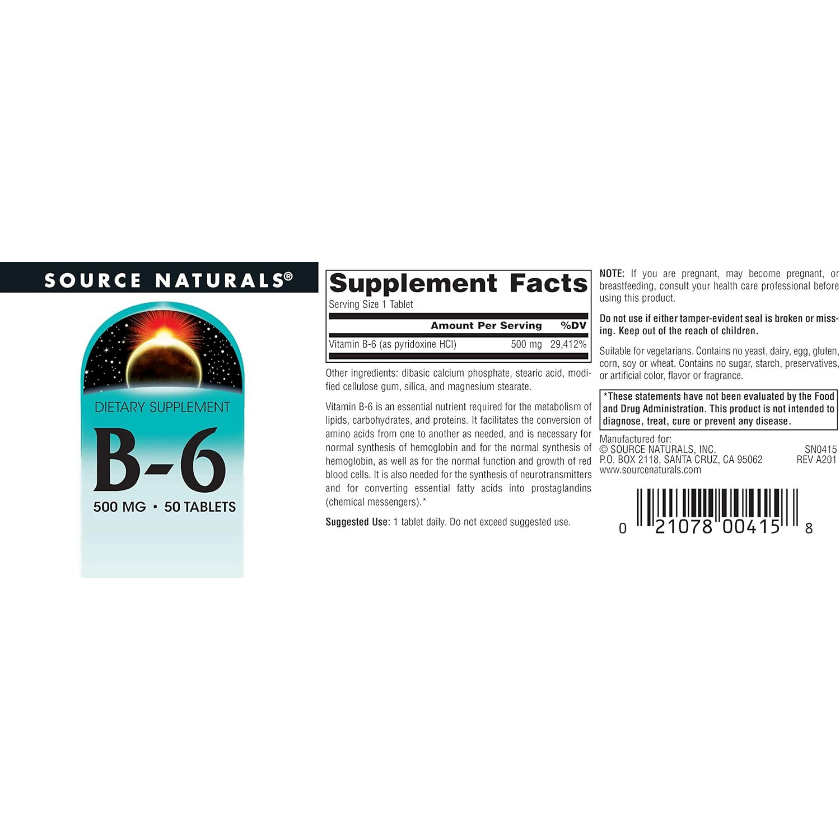 Source Naturals, B-6, 500 Mg, 50 Tablets