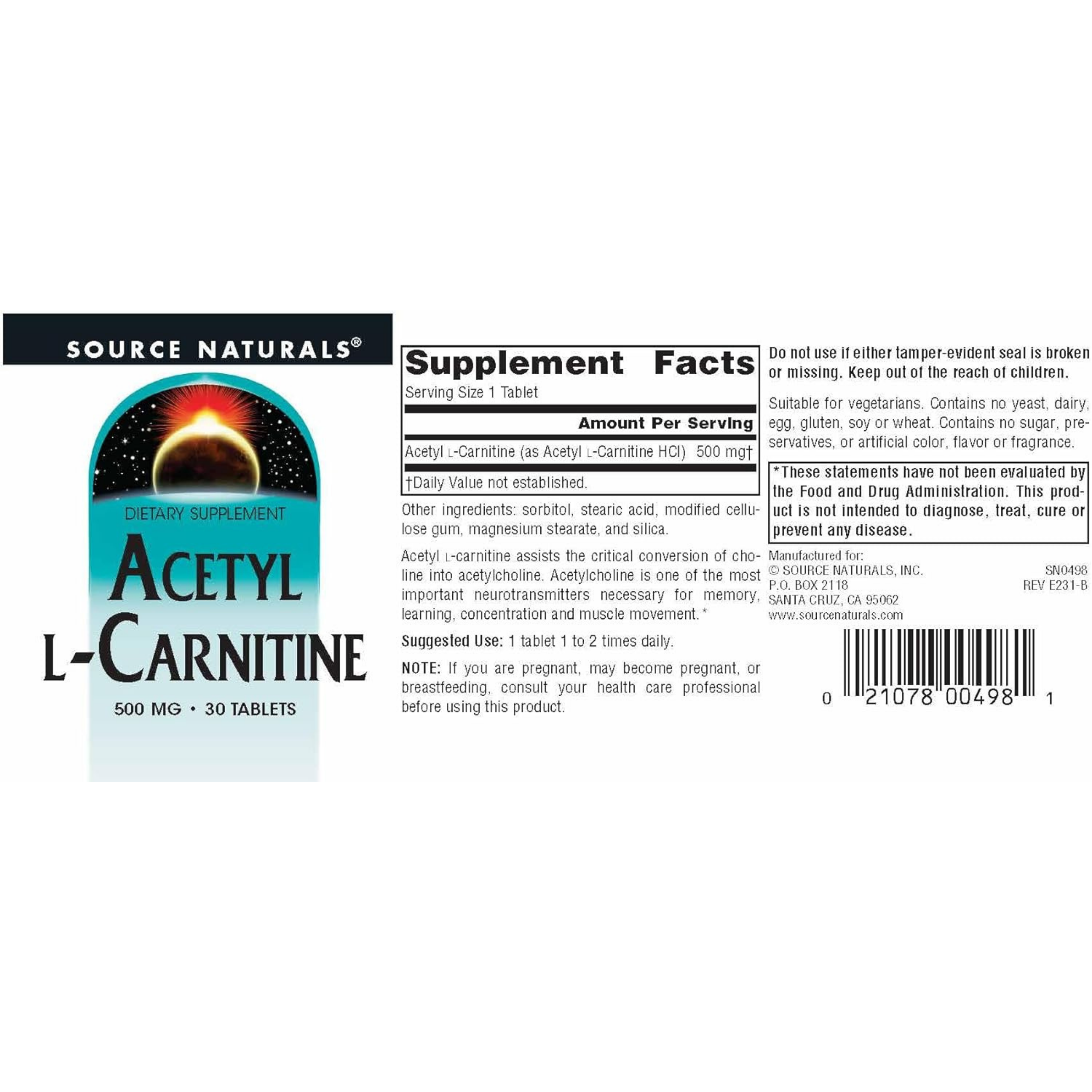 Source Naturals, Acetyl L-Carnitine, 500 Mg, 30 Tablets