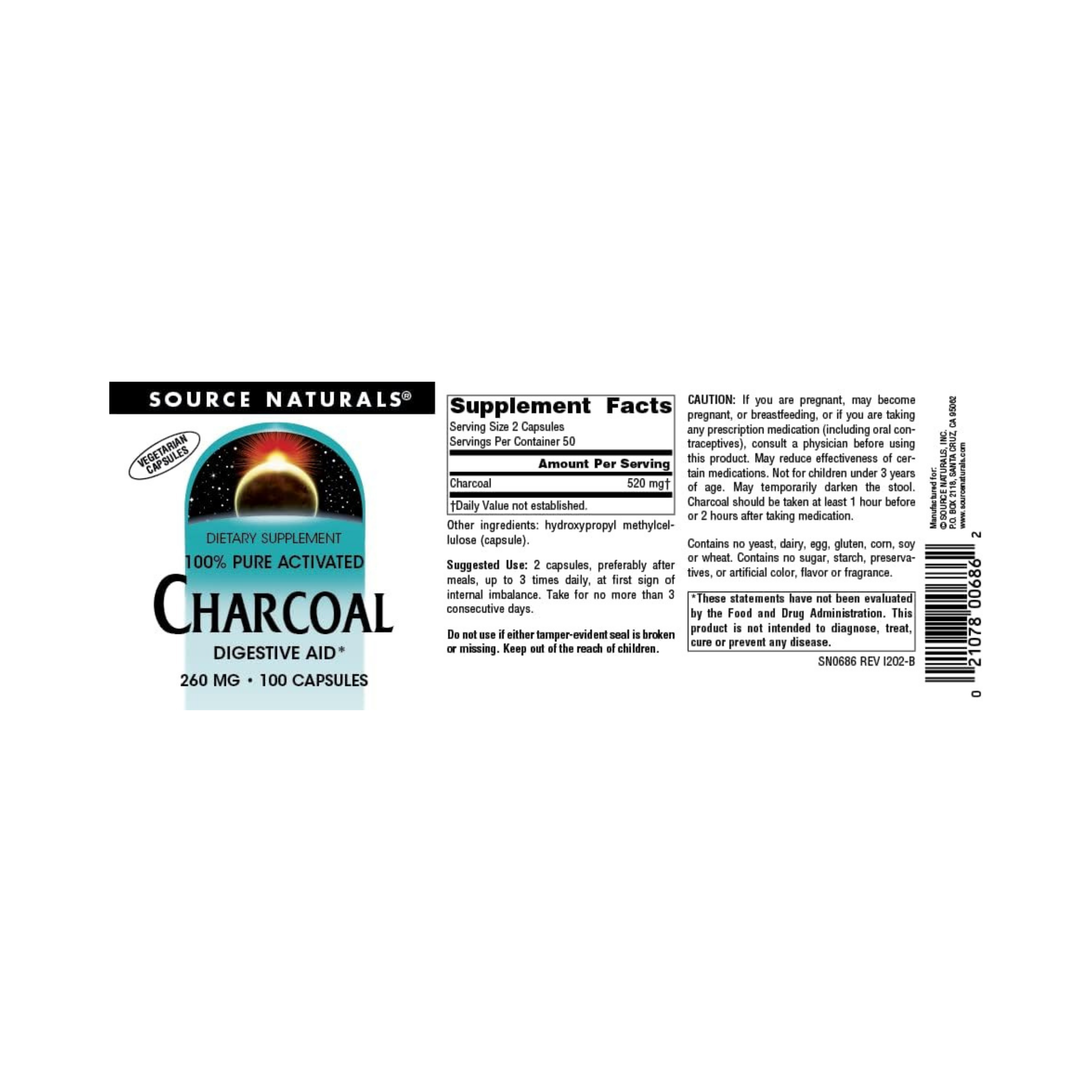 Source Naturals, Charcoal, 260 Mg, 100 Capsules