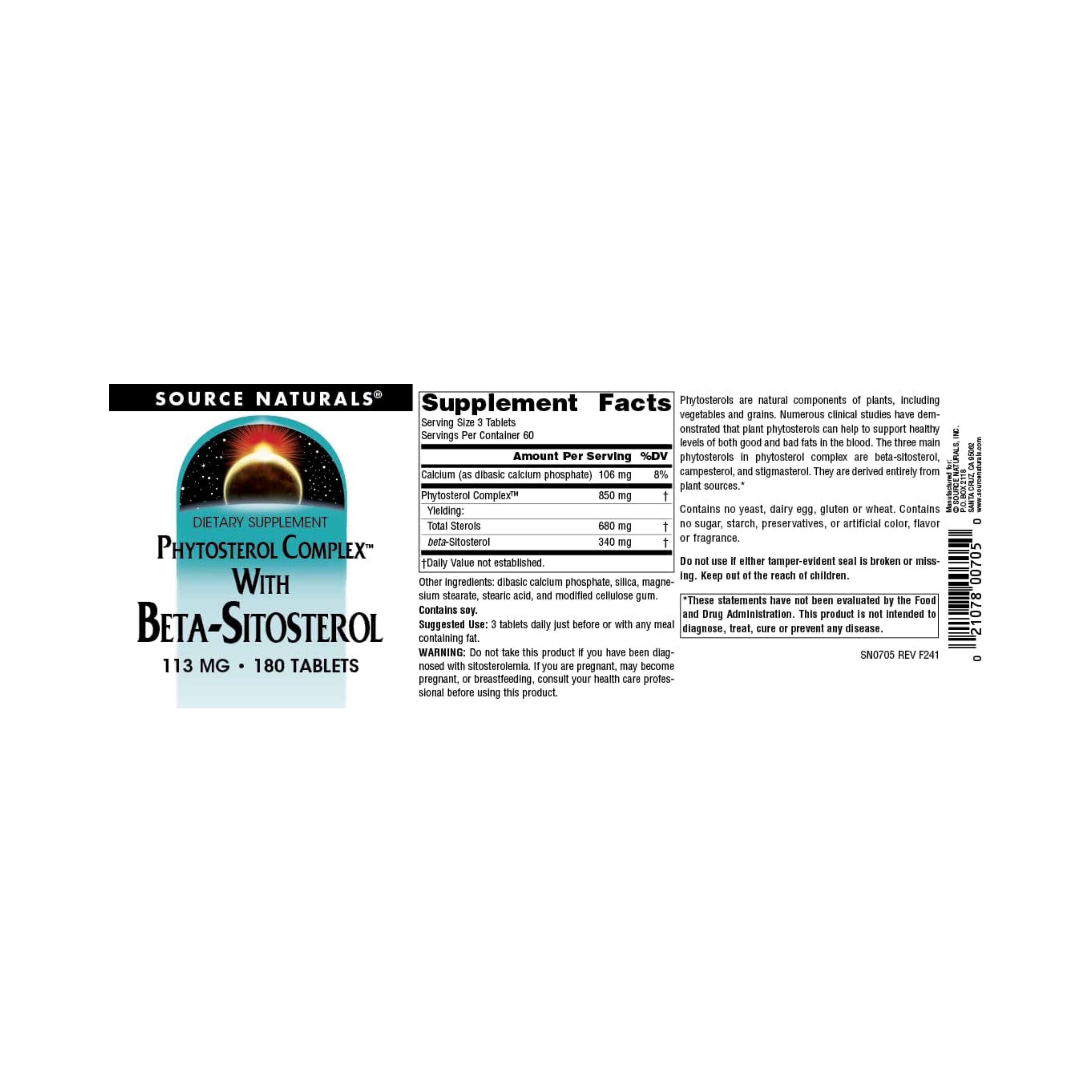 Source Naturals, Phytosterol Complex with Beta-Sitosterol, 113 Mg, 180 Tablets