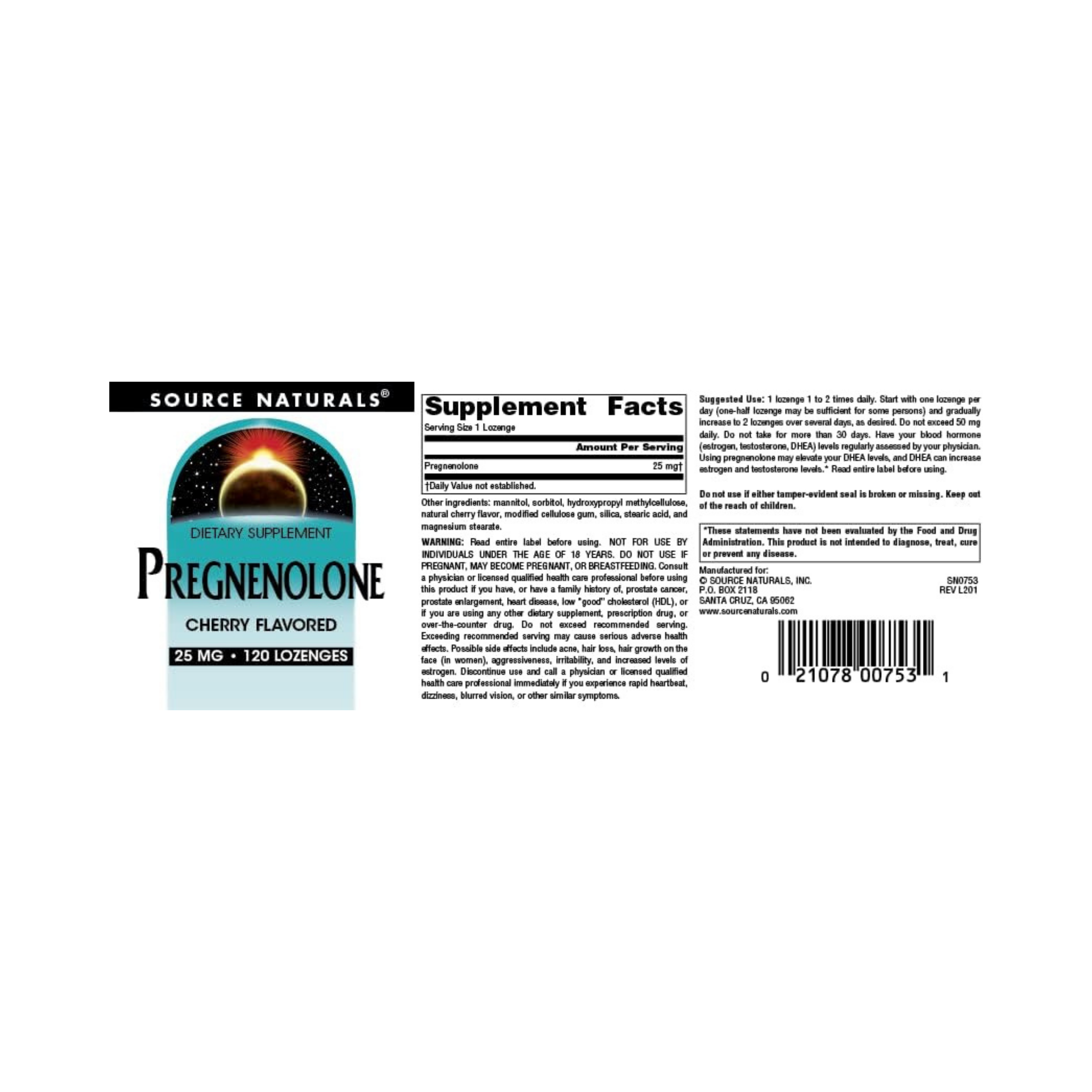 Source Naturals, Pregnenolone, 25 Mg, 120 Cherry Lozenge