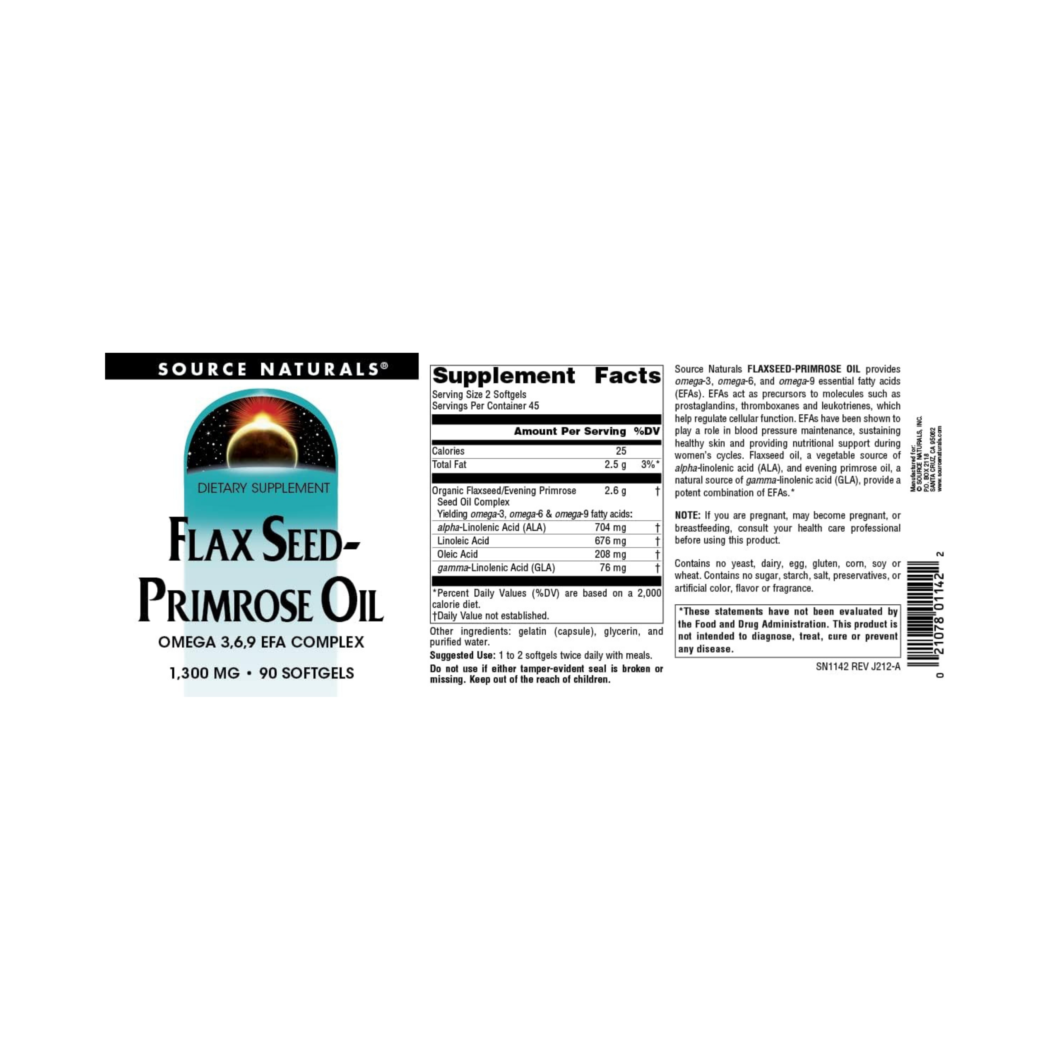 Source Naturals, Flax Seed-Primrose Oil, 1300 Mg, 90 Softgels