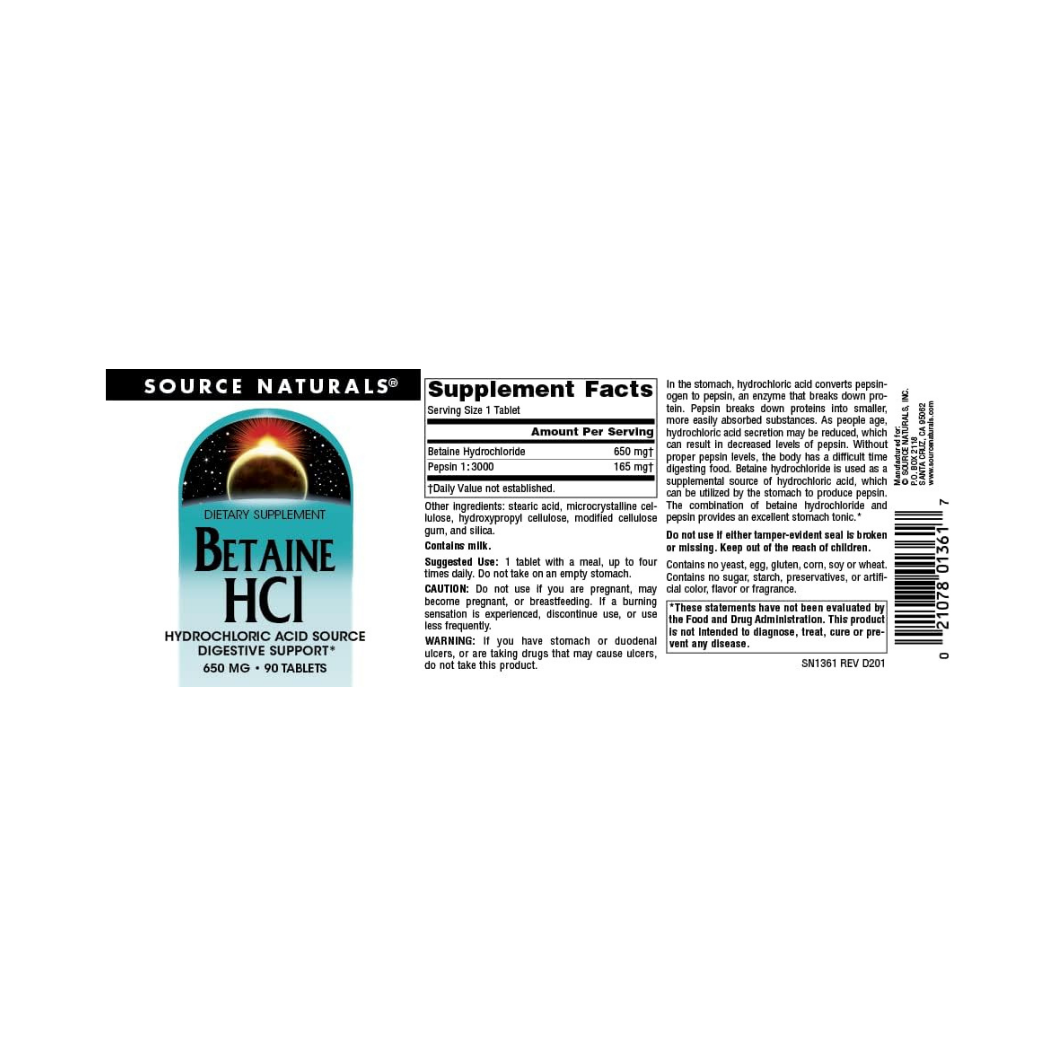 Source Naturals, Betaine HCl, 650 Mg, 90 Tablets