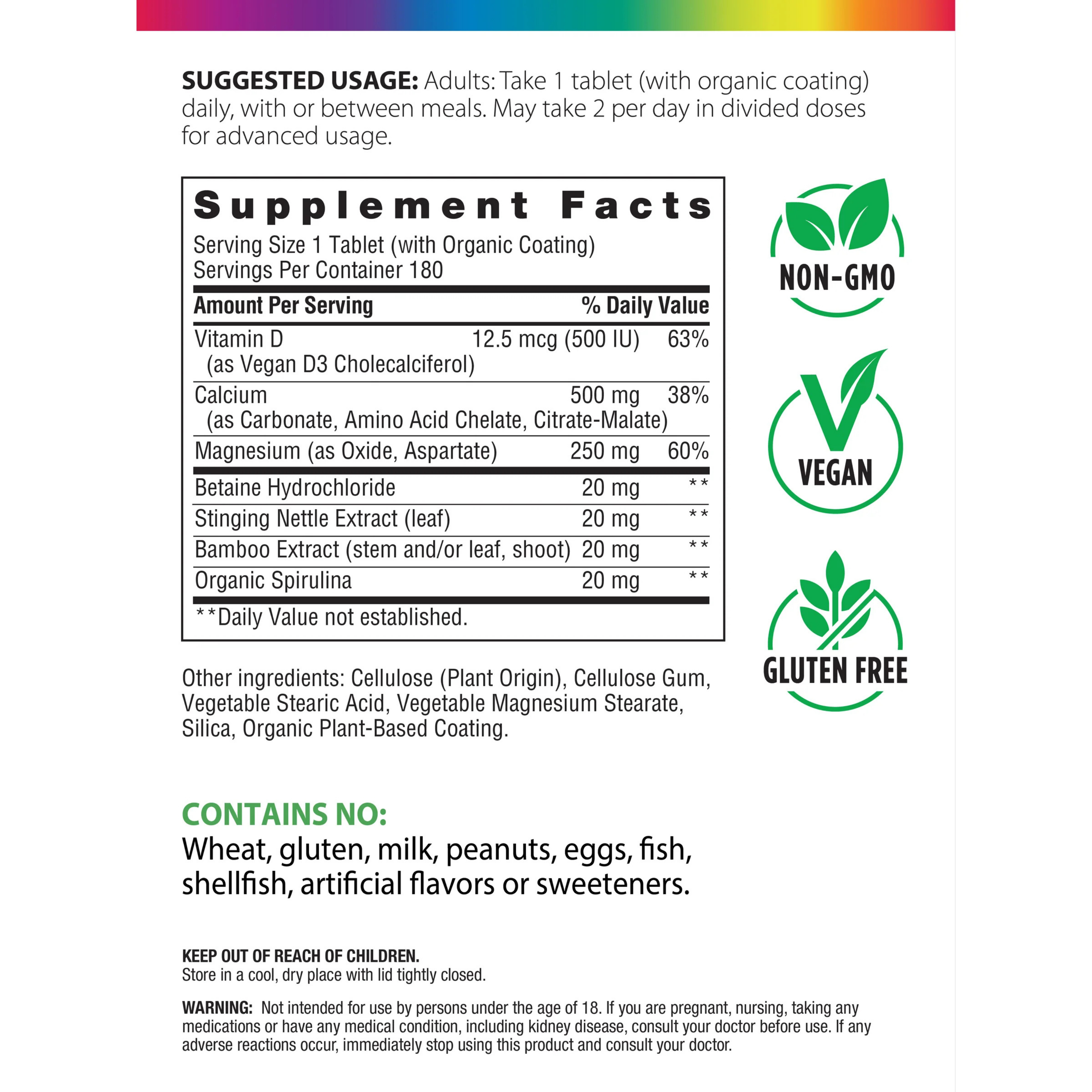 Rainbow Light, Calcium with Magnesium & Vegan D3+, 180 Tablets