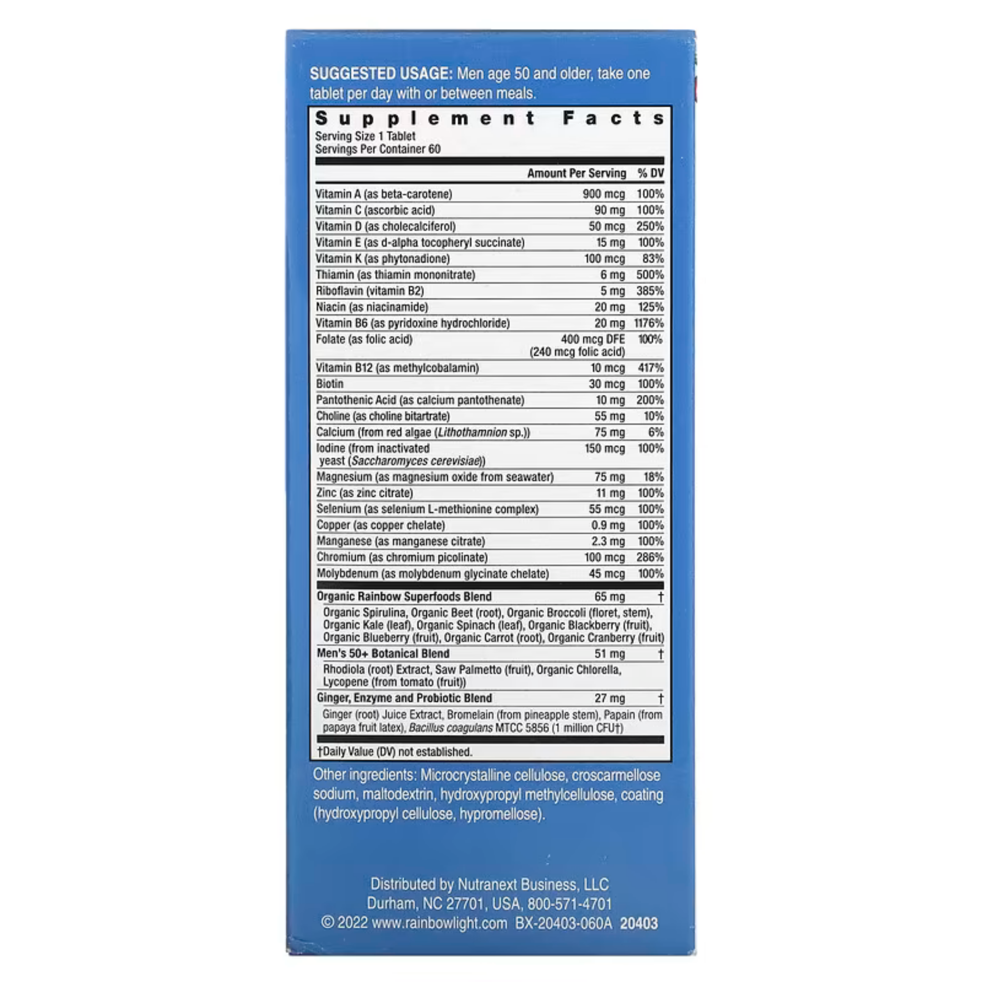 Rainbow Light, Men's One 50+ Daily Multivitamin, High Potency, 60 Vegetarian Tablets