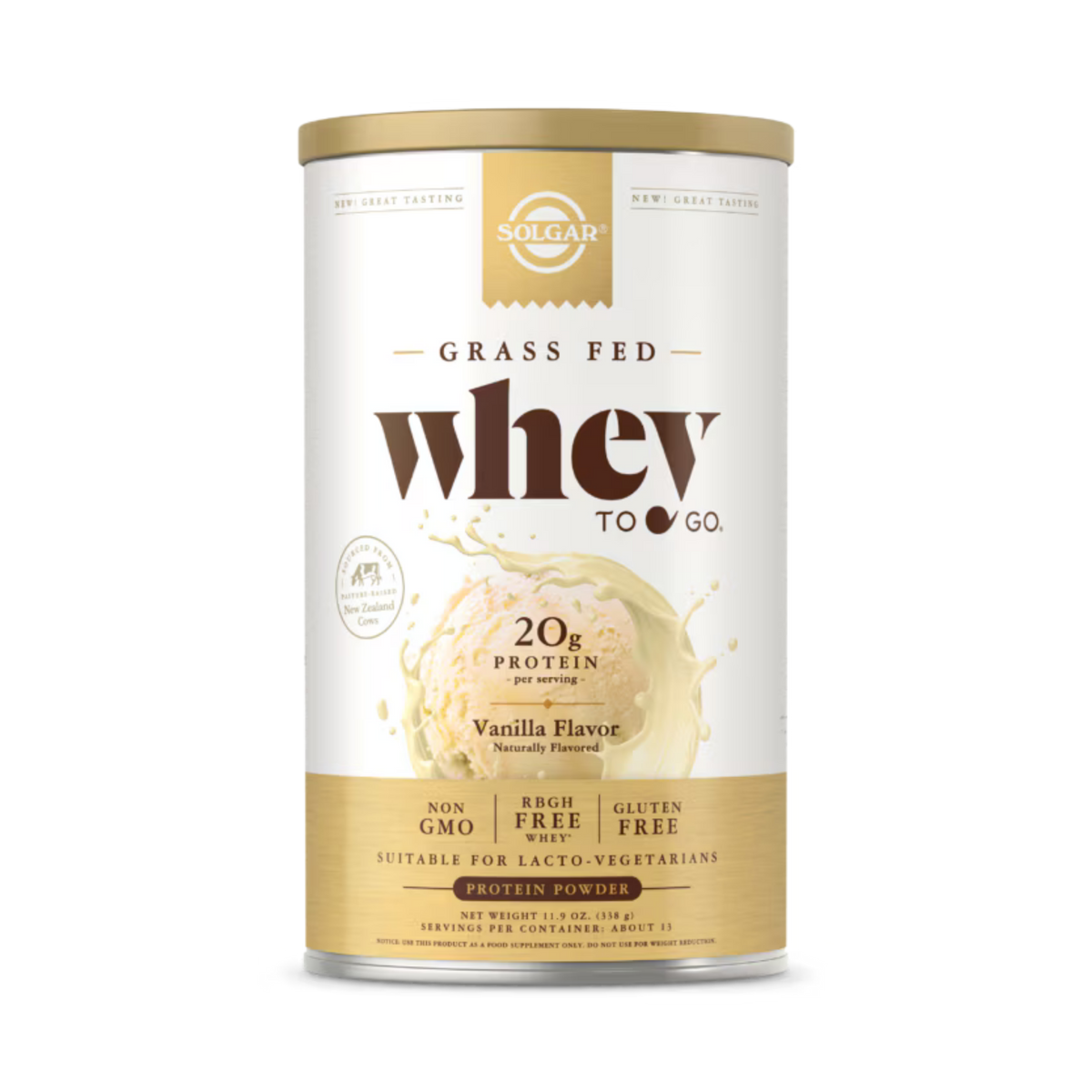 Solgar, Grass Fed Whey To Go, Protein Powder, Vanilla, 11.9 Oz (338 g)