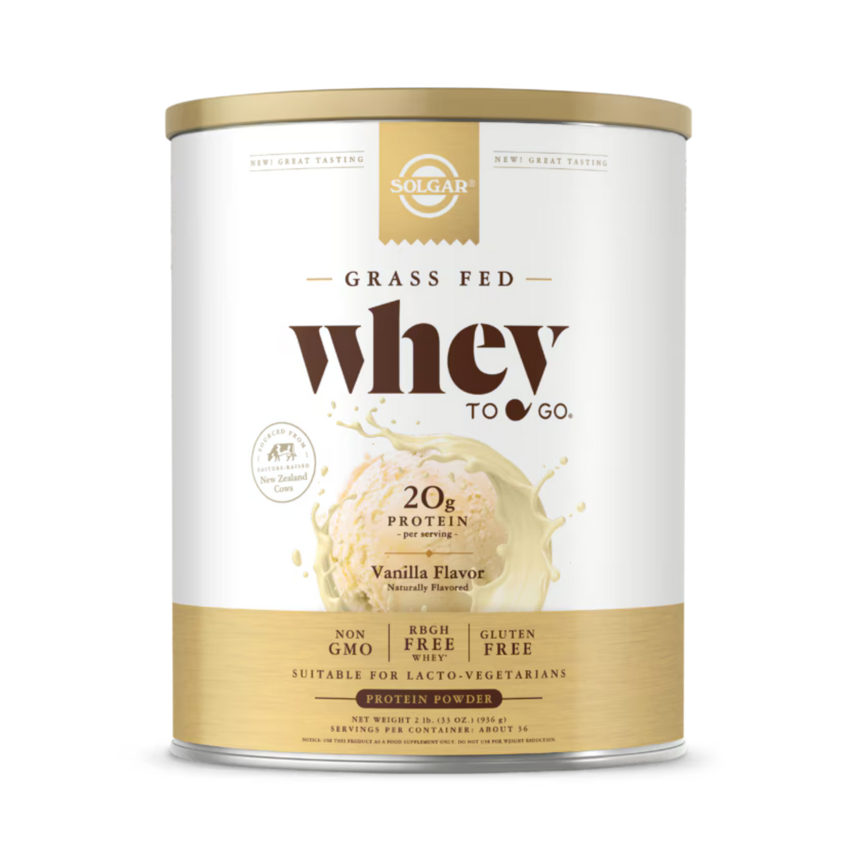 Solgar, Grass Fed Whey To Go, Protein Powder, Vanilla, 2 Lb (936 g)