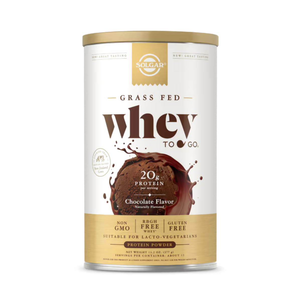 Solgar, Grass Fed Whey To Go, Protein Powder, Chocolate, 13.2 Oz (377 g)