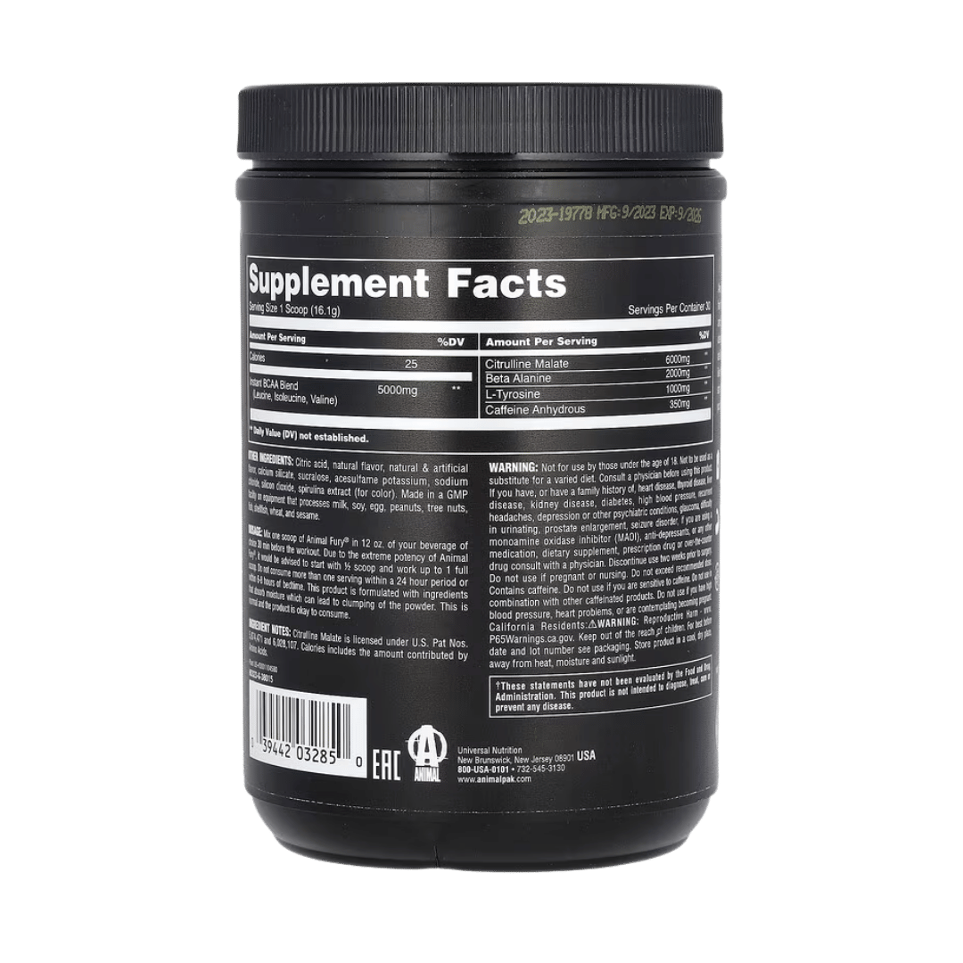 Animal Fury® Essentials, Pre Workout, Blue Ice Pop, 1.06 lbs (483 g)