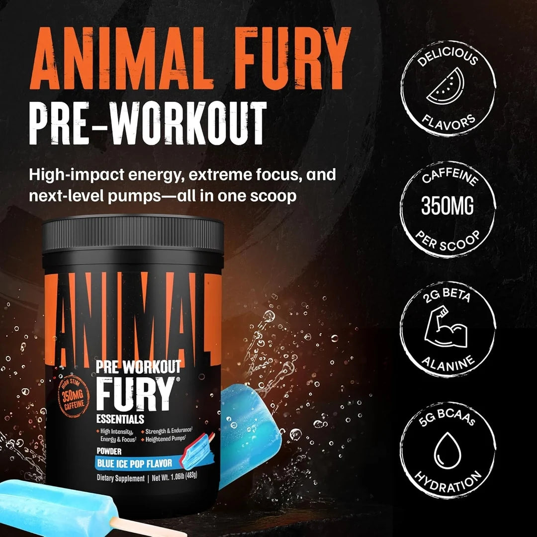 Animal Fury® Essentials, Pre Workout, Blue Ice Pop, 1.06 lbs (483 g)