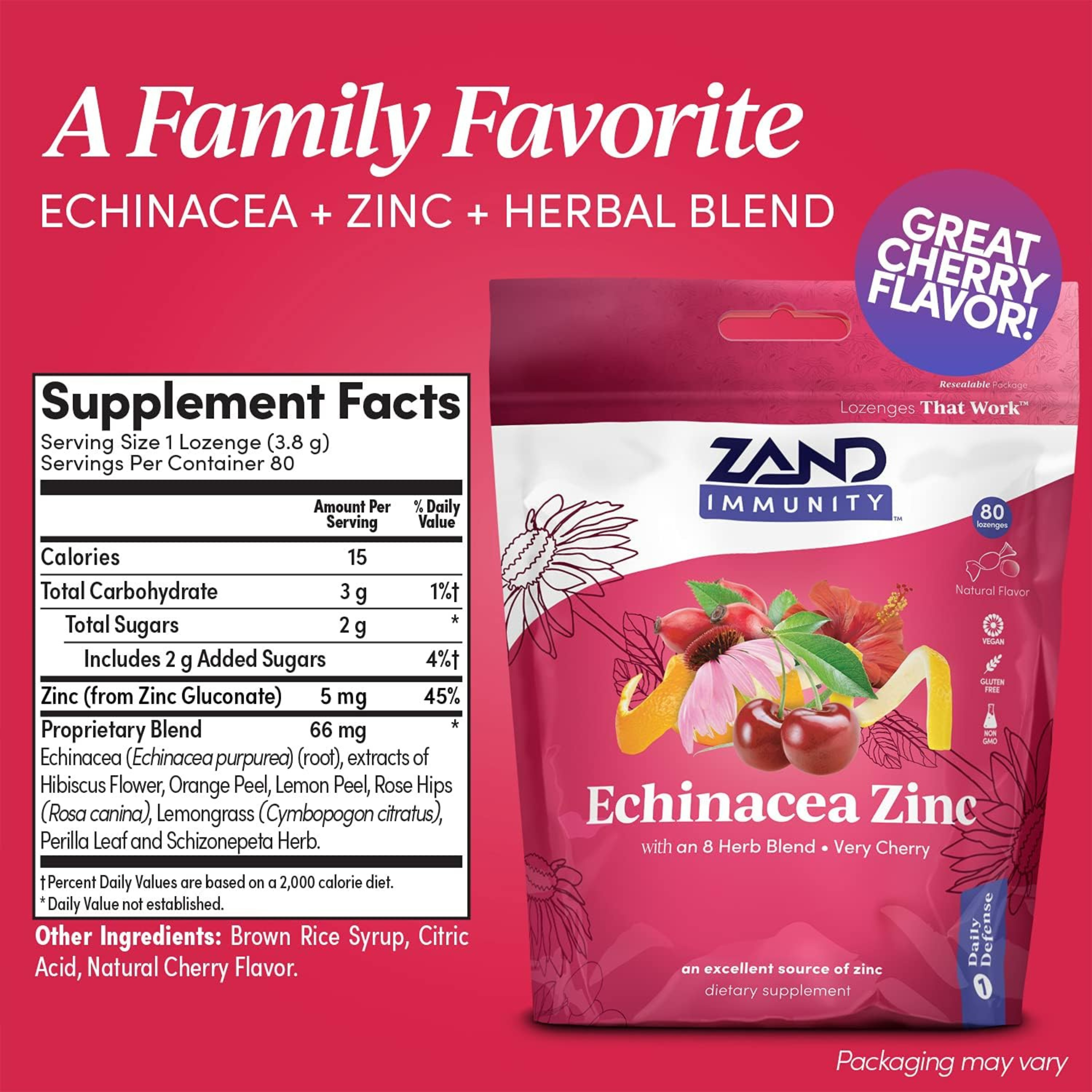 Zand, Echinacea Zinc, Very Cherry, 80 Lozenges