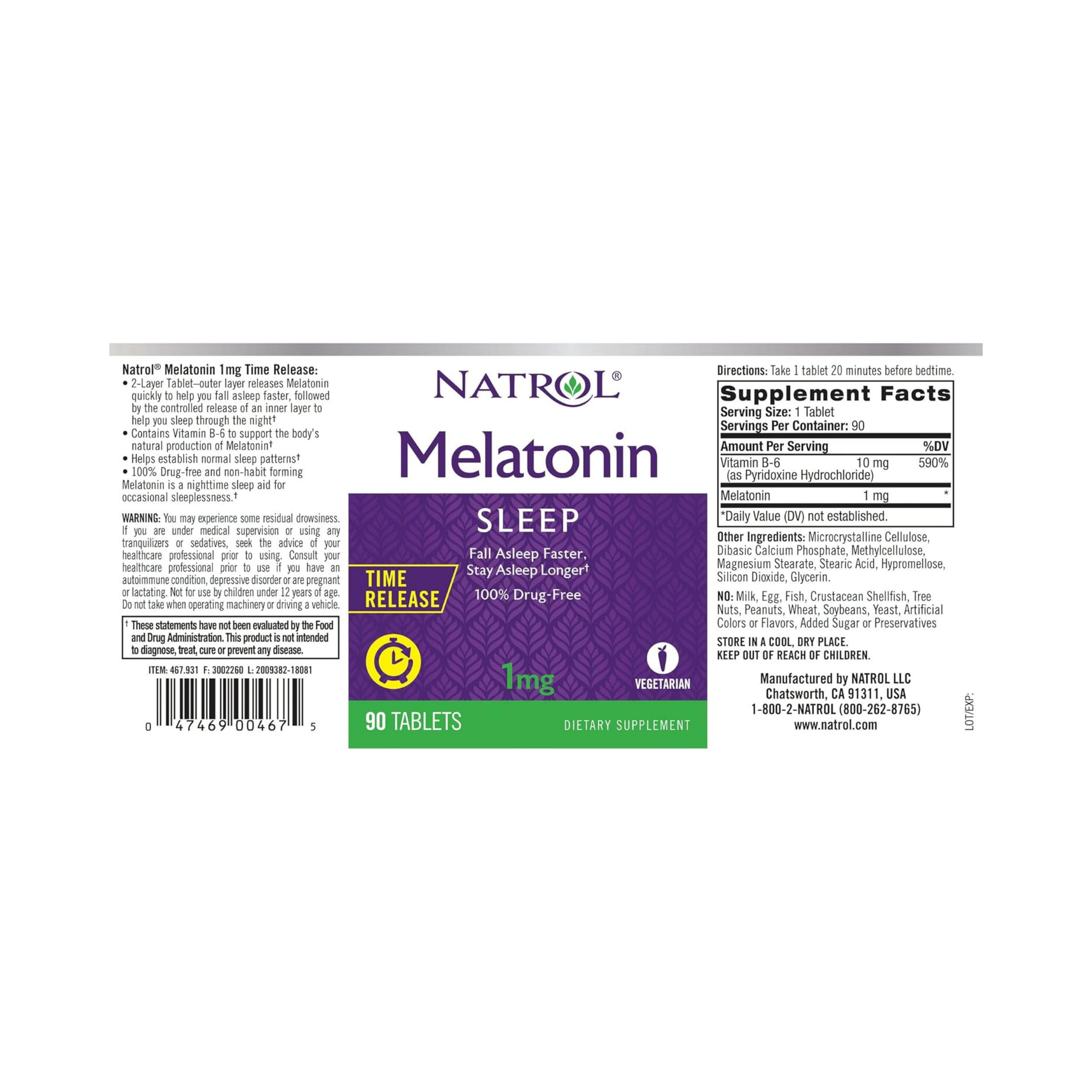 Natrol, Melatonin, Time Release, 1 mg, 90 Tablets