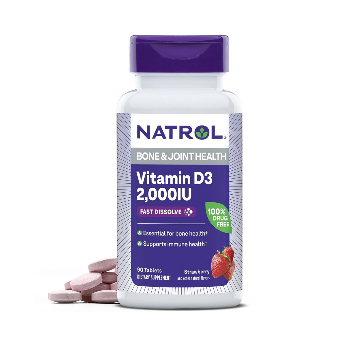 Natrol, Vitamin D3, Bone & Joint Health, Strawberry , 2,000 IU, 90 Tablets