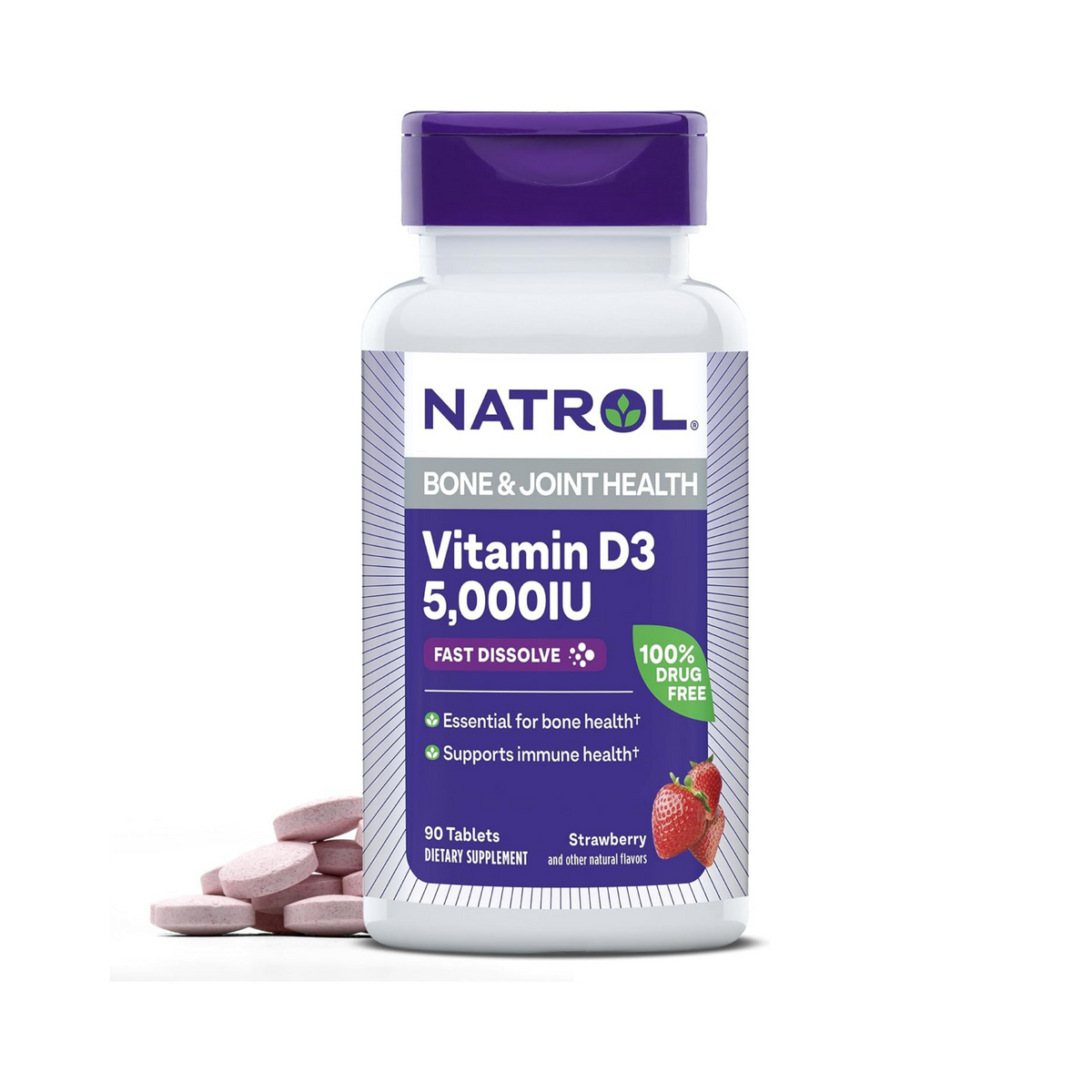 Natrol, Vitamin D3, Bone & Joint Health, Strawberry Natural Flavor, 5,000 IU, 90 Tablets