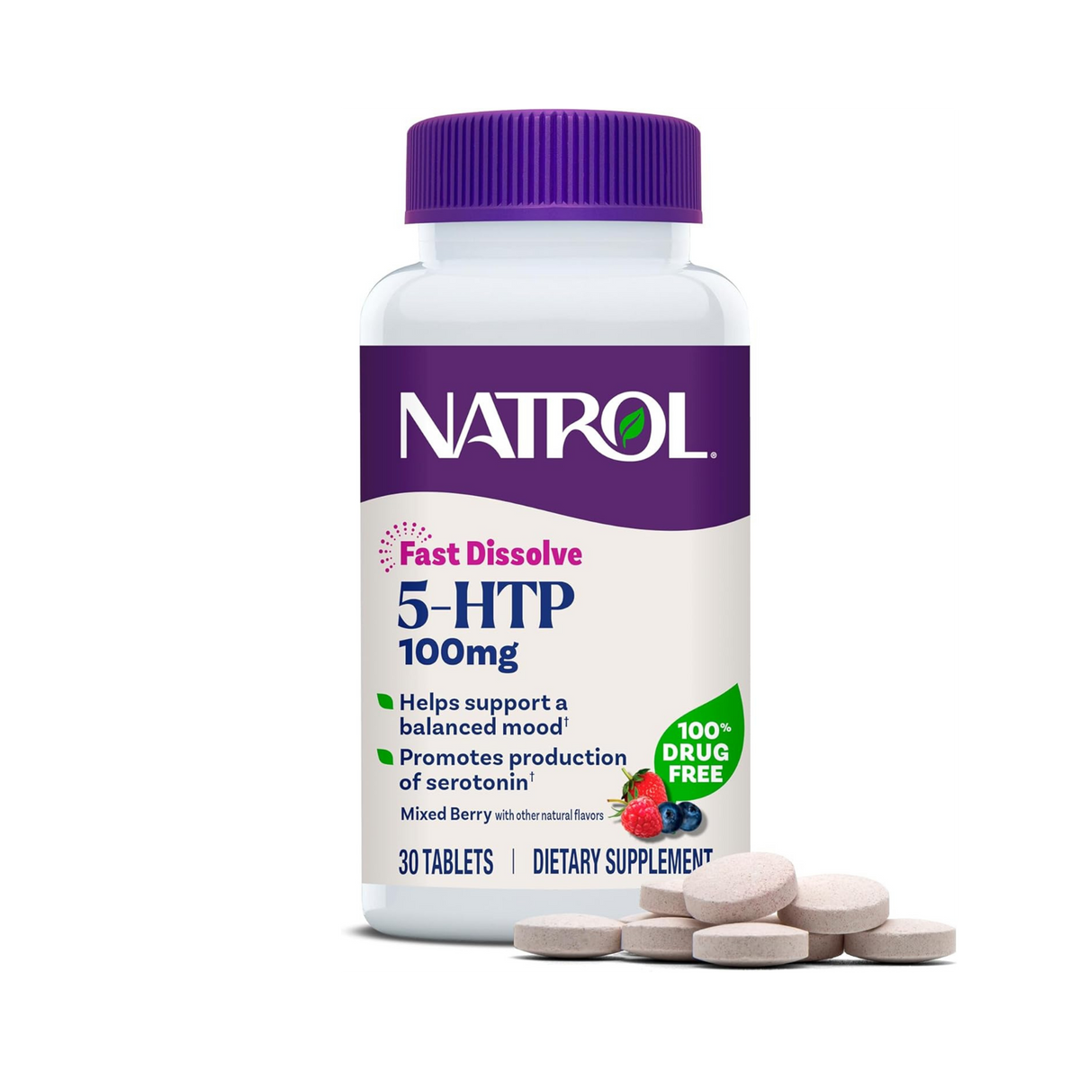 Natrol, 5-HTP, Fast Dissolve, Extra Strength, Wild Berry , 100 mg, 30 Tablets