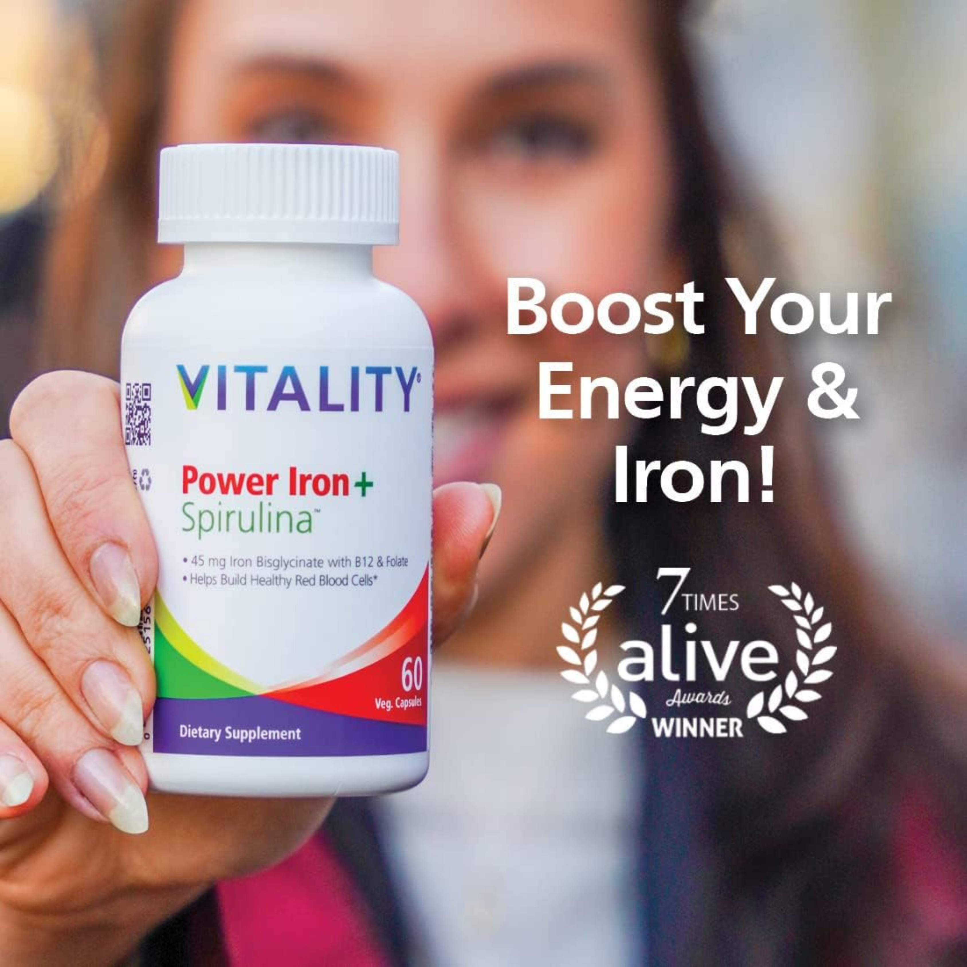 VITALITY, Power Iron + Spirulina, 45mg Iron, 30 Capsules