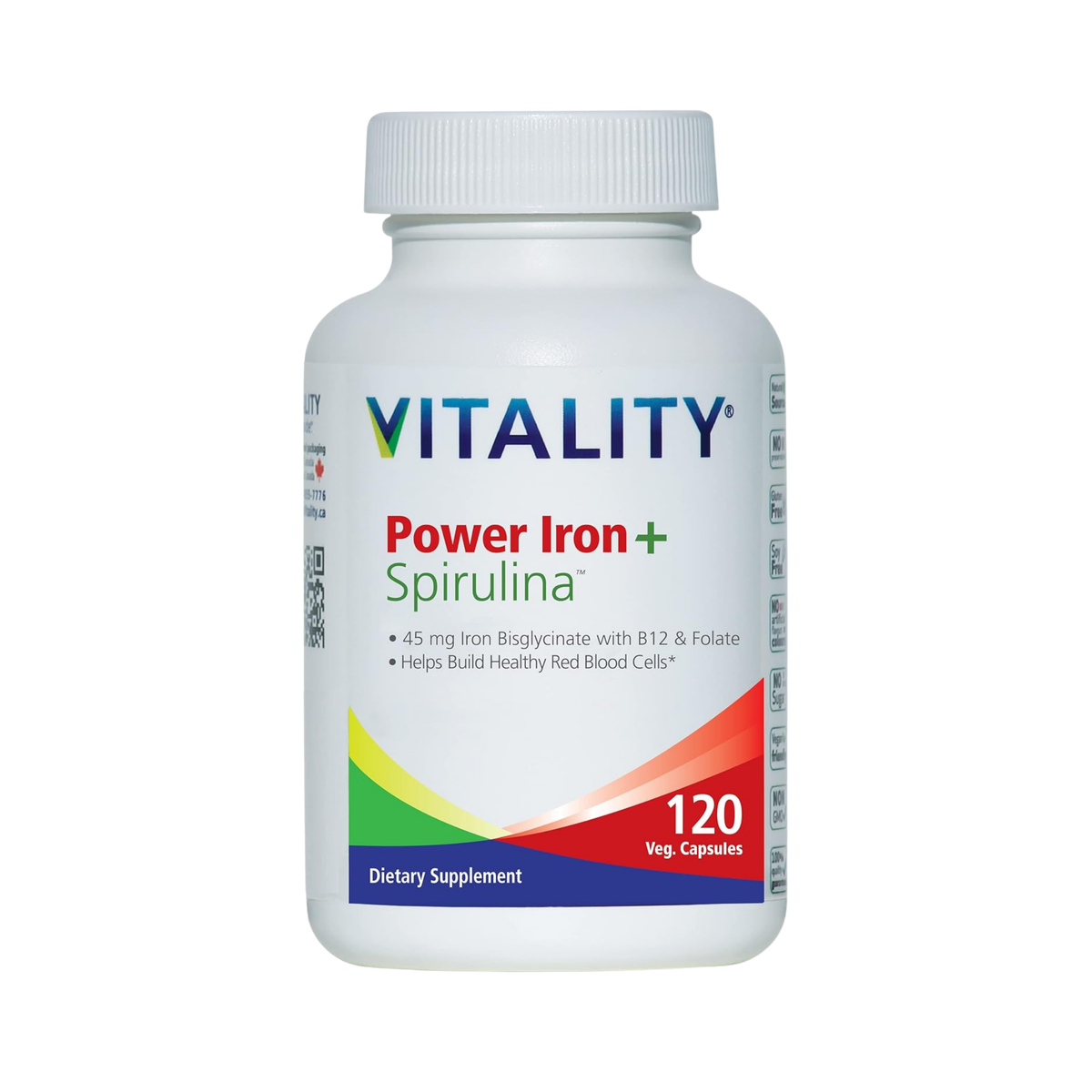 VITALITY, Power Iron + Spirulina, 45mg Iron, 120 Capsules