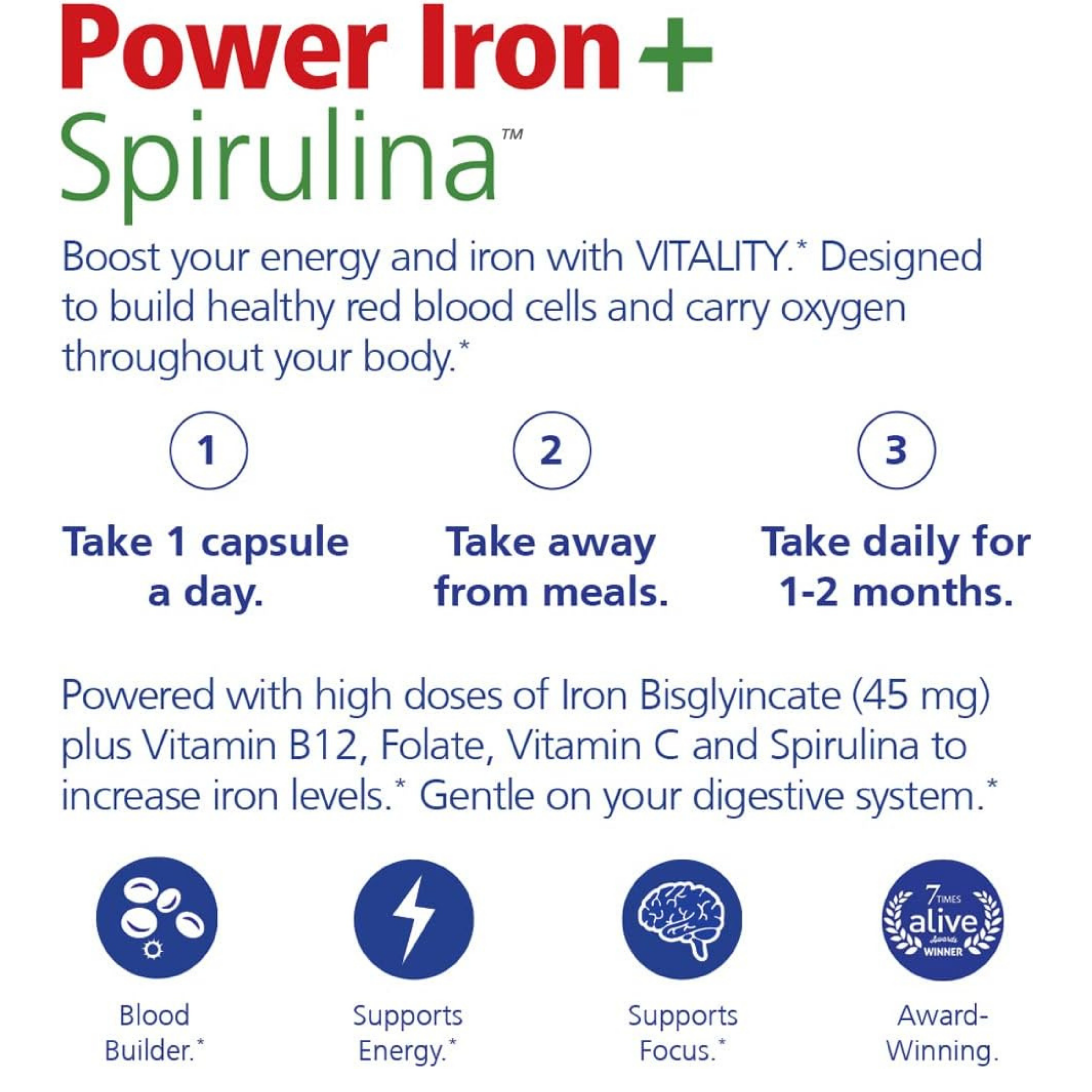 VITALITY, Power Iron + Spirulina, 45mg Iron, 120 Capsules