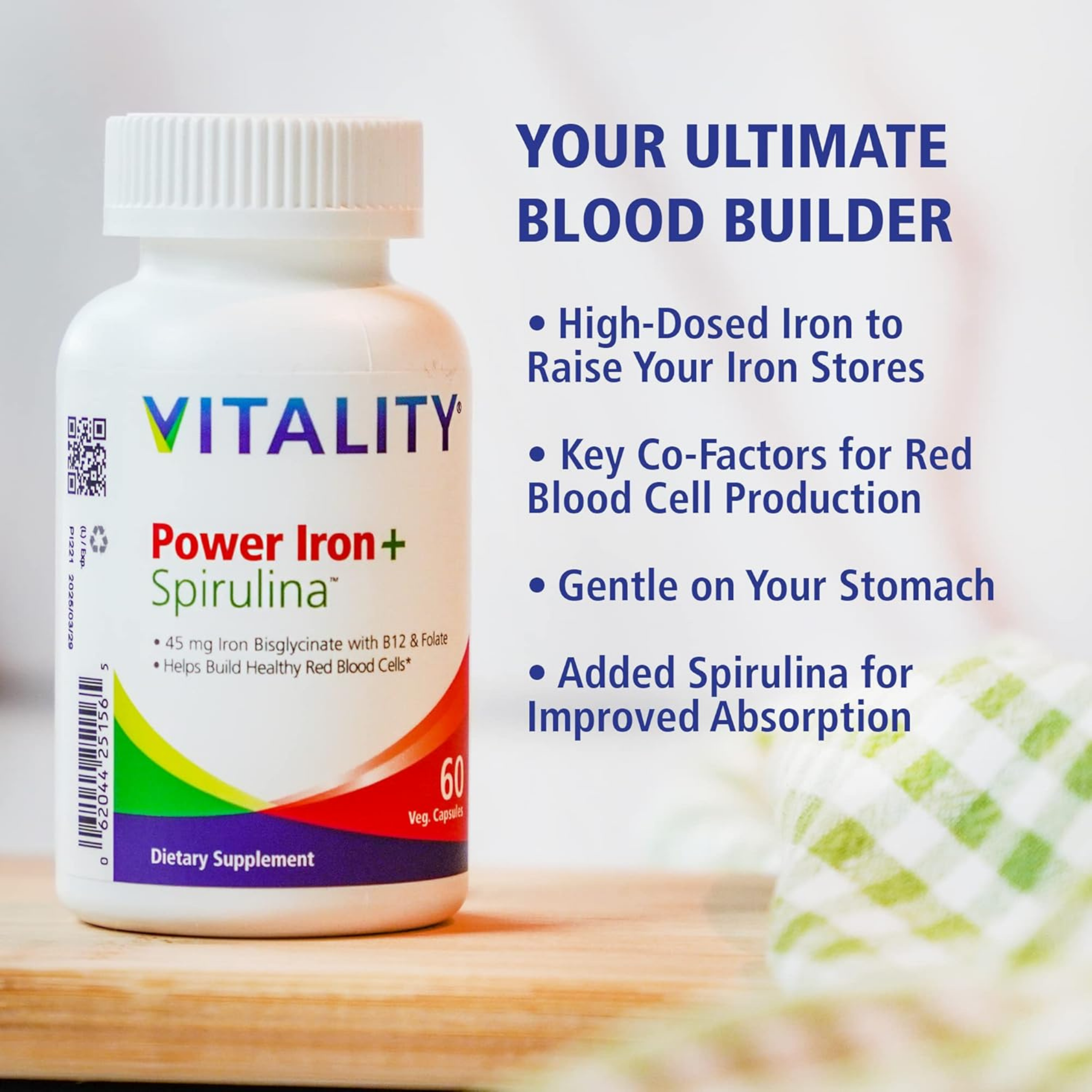 VITALITY, Power Iron + Spirulina, 45mg Iron, 120 Capsules