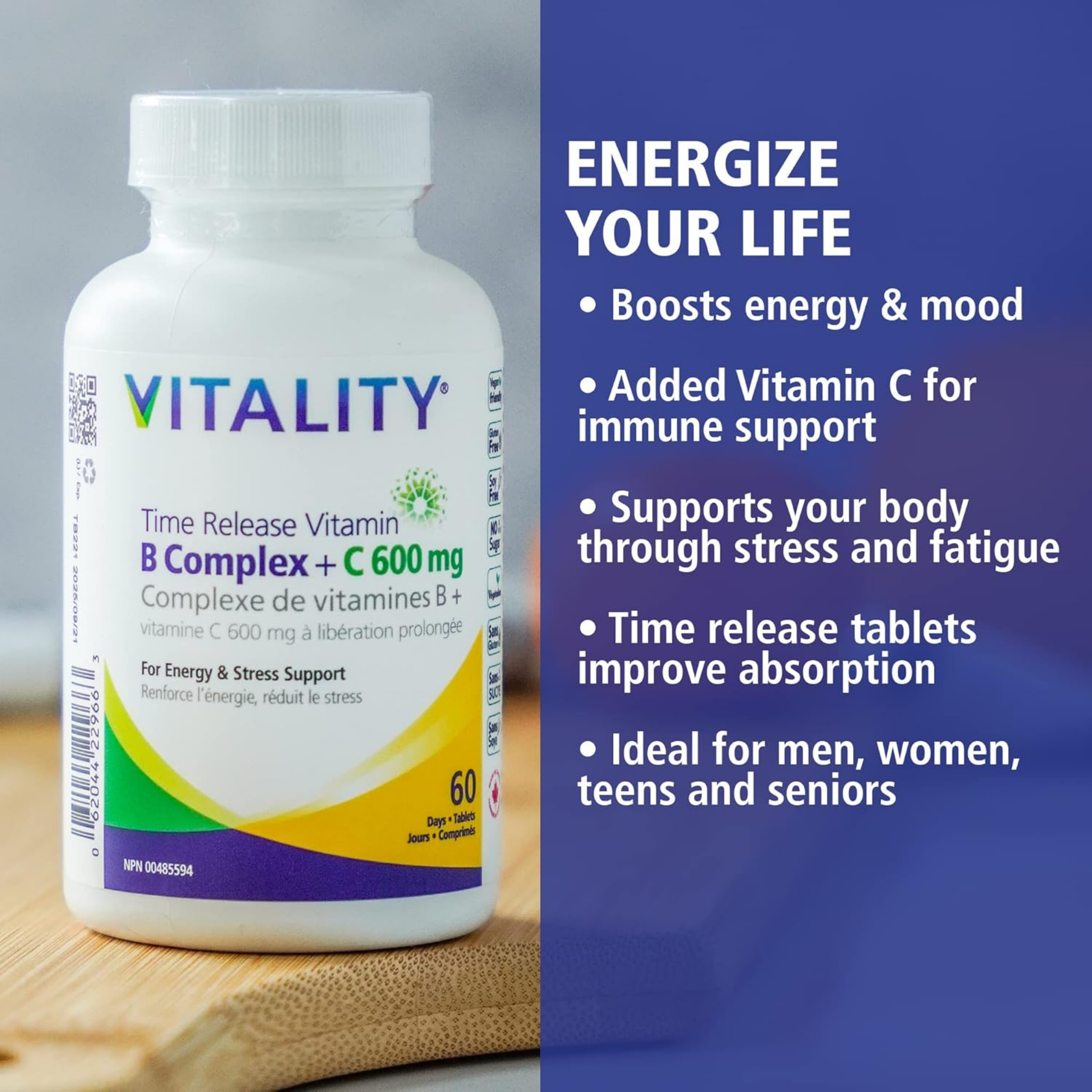 VITALITY, Time Release B Complex 60 + Vitamin C, 600 mg, 60 Tablets