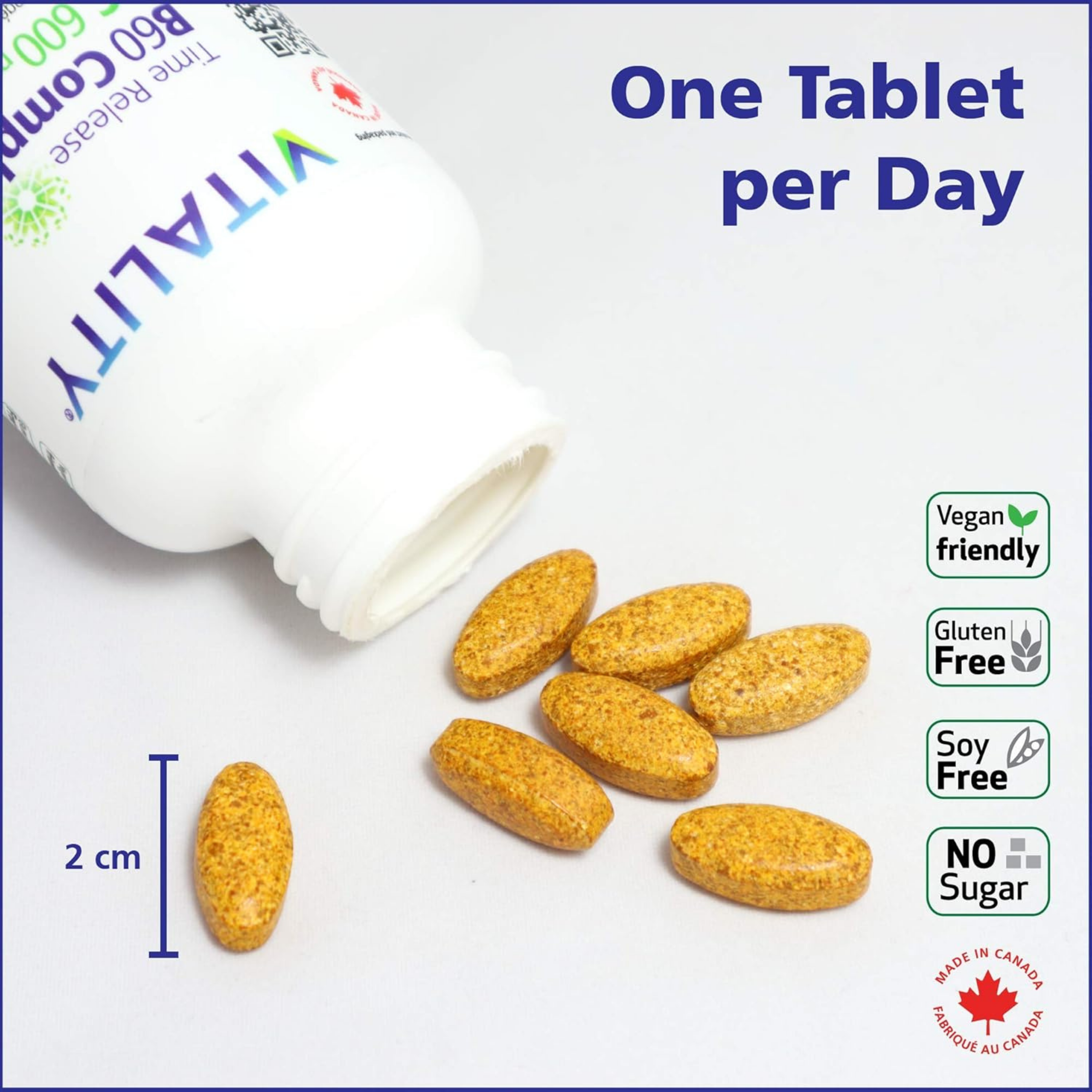 VITALITY, Time Release B Complex 60 + Vitamin C, 600 mg, 60 Tablets