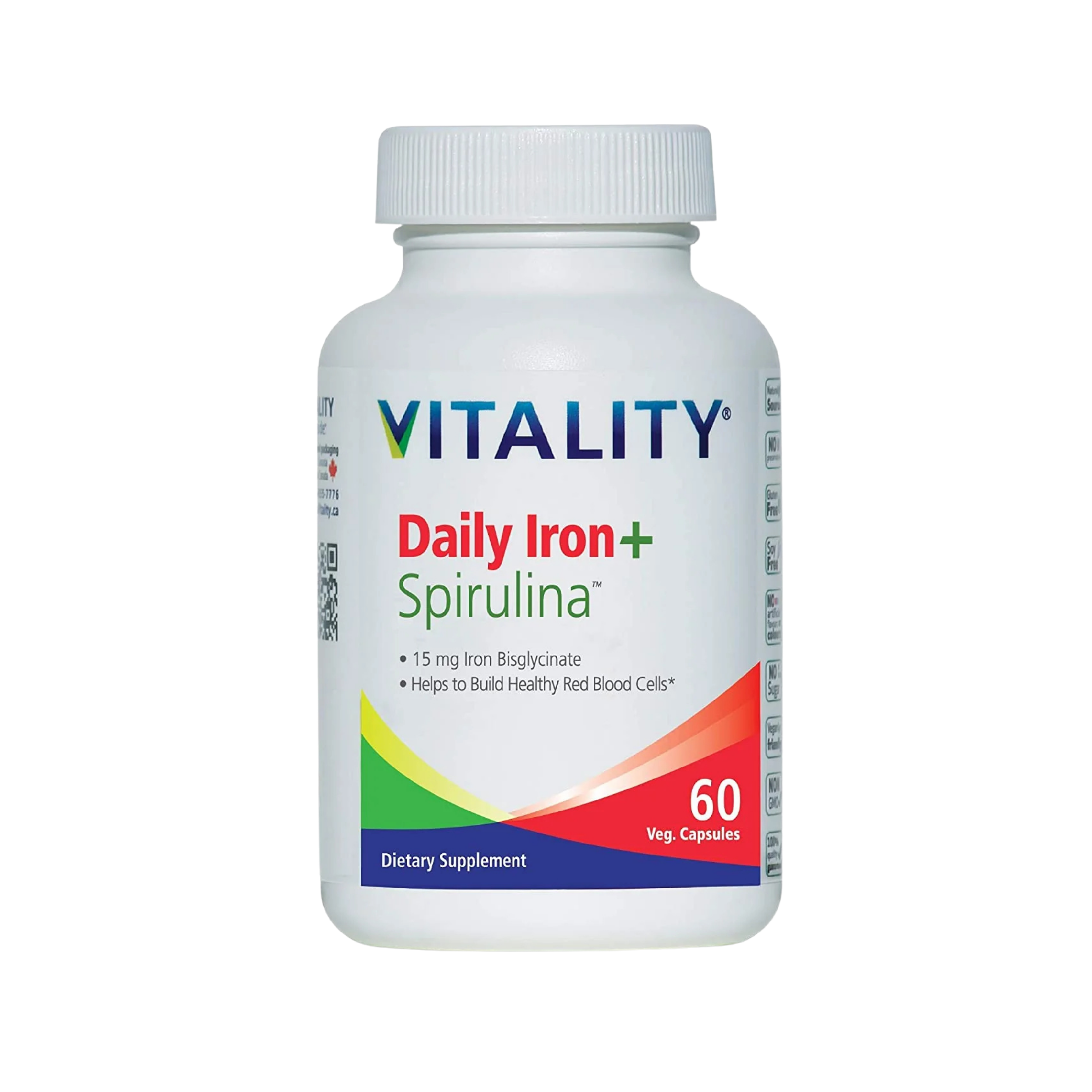 VITALITY, Daily Iron + Spirulina, 15 mg, 60 Veg Capsules
